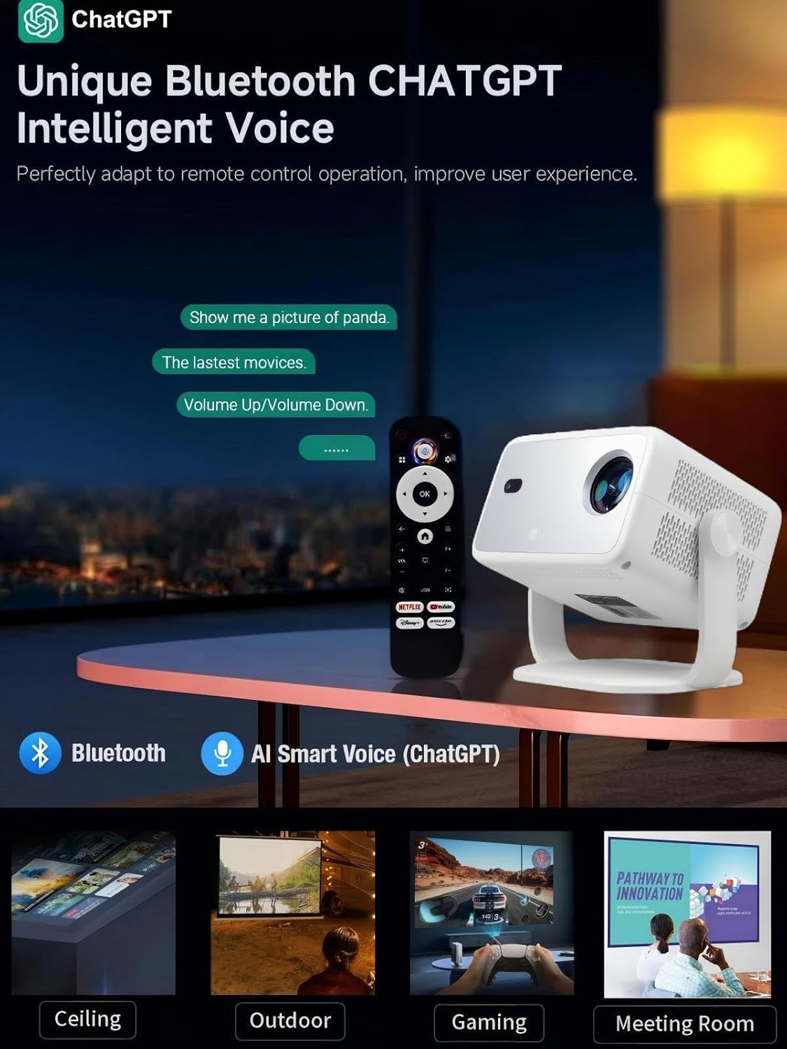 Netflix Certified 4K Mini Projector WiFi Bluetooth 1080P Full HD Auto Keystone 1500 ANSI Home Theater - Image 8