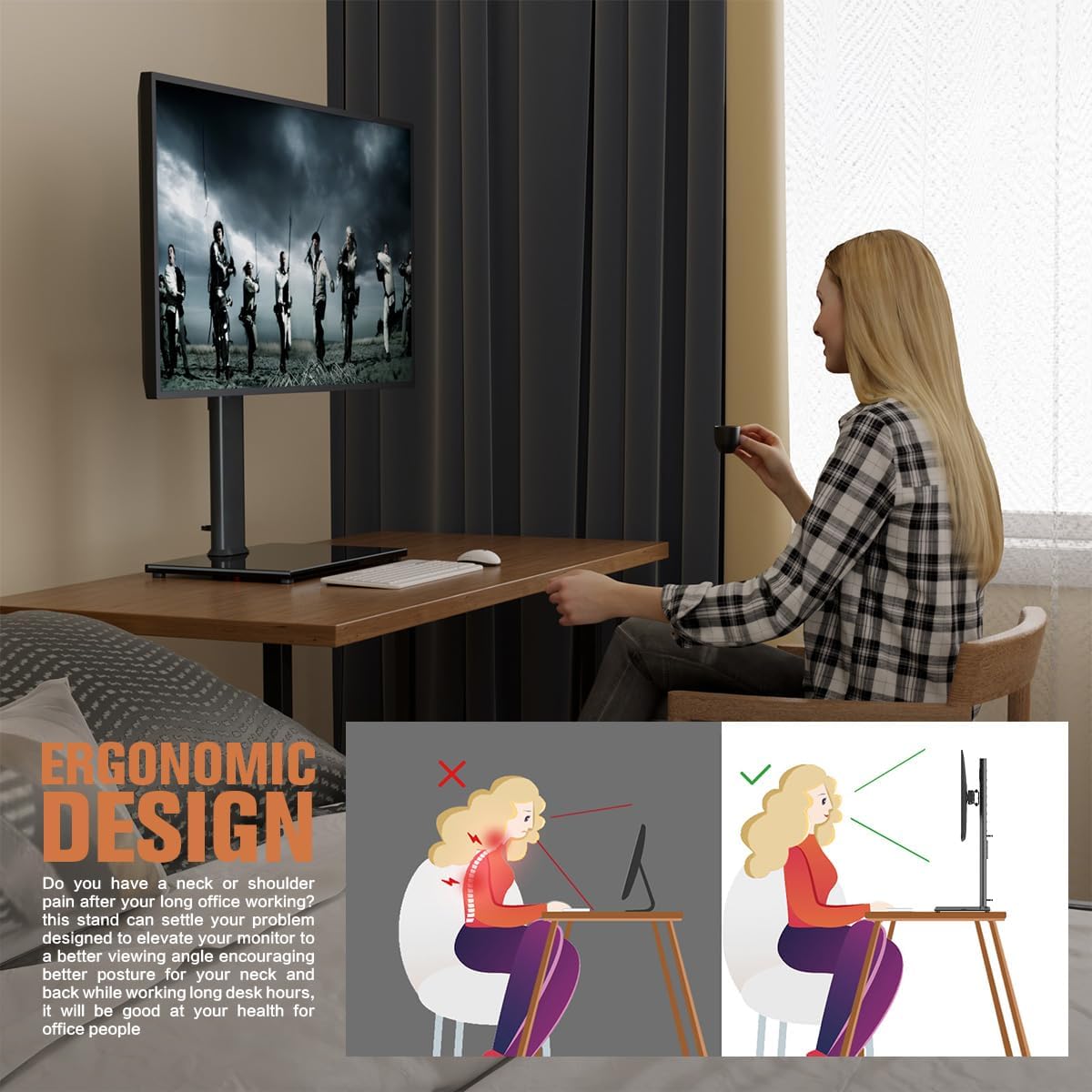 Adjustable Freestanding Monitor Stand for 27-43 Inch Curved Screens Tempered Glass Base 77lbs Capacity - Image 5