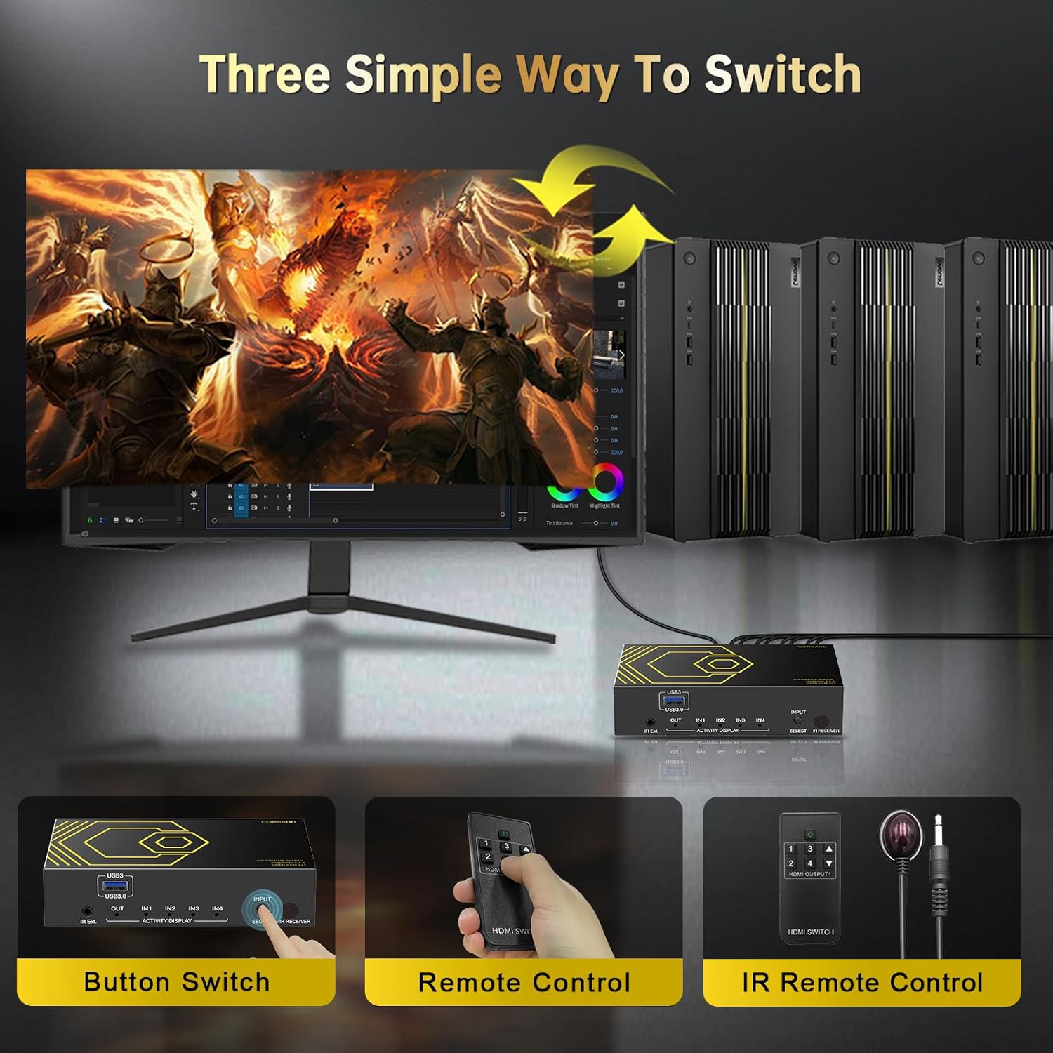 4-Port 4K@60Hz HDMI KVM Switch with USB 3.0, IR Remote, and SPDIF Audio for 4 Computers - Image 6