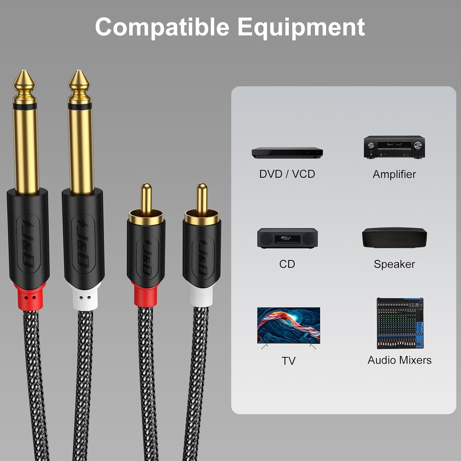J&D Gold Plated 9 Foot Dual 1/4" TS to RCA Stereo Audio Interconnect Cable with Nylon Braid - Image 3