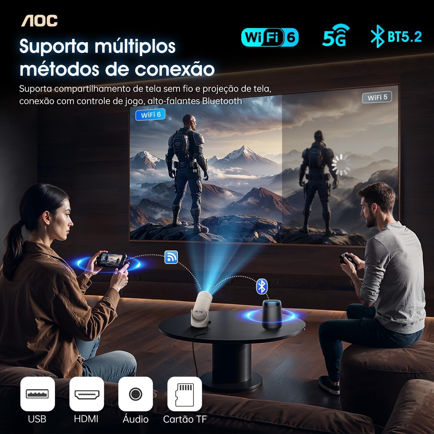 AOC Smart Mini Projector WiFi Bluetooth Full HD 4K Support 220 ANSI Lumens 180° Rotation - Image 3
