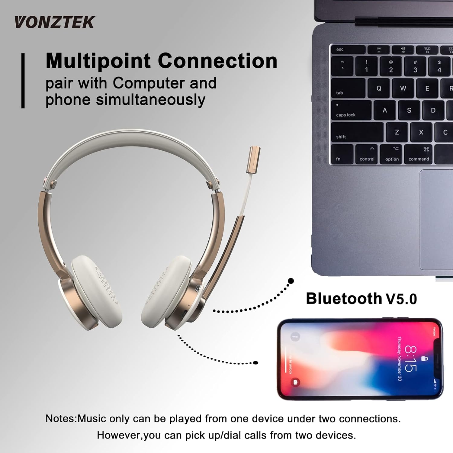 Vonztek Gold On-Ear Bluetooth Headphones with Noise Cancelling Mic, 26 Hours Talktime - Image 3
