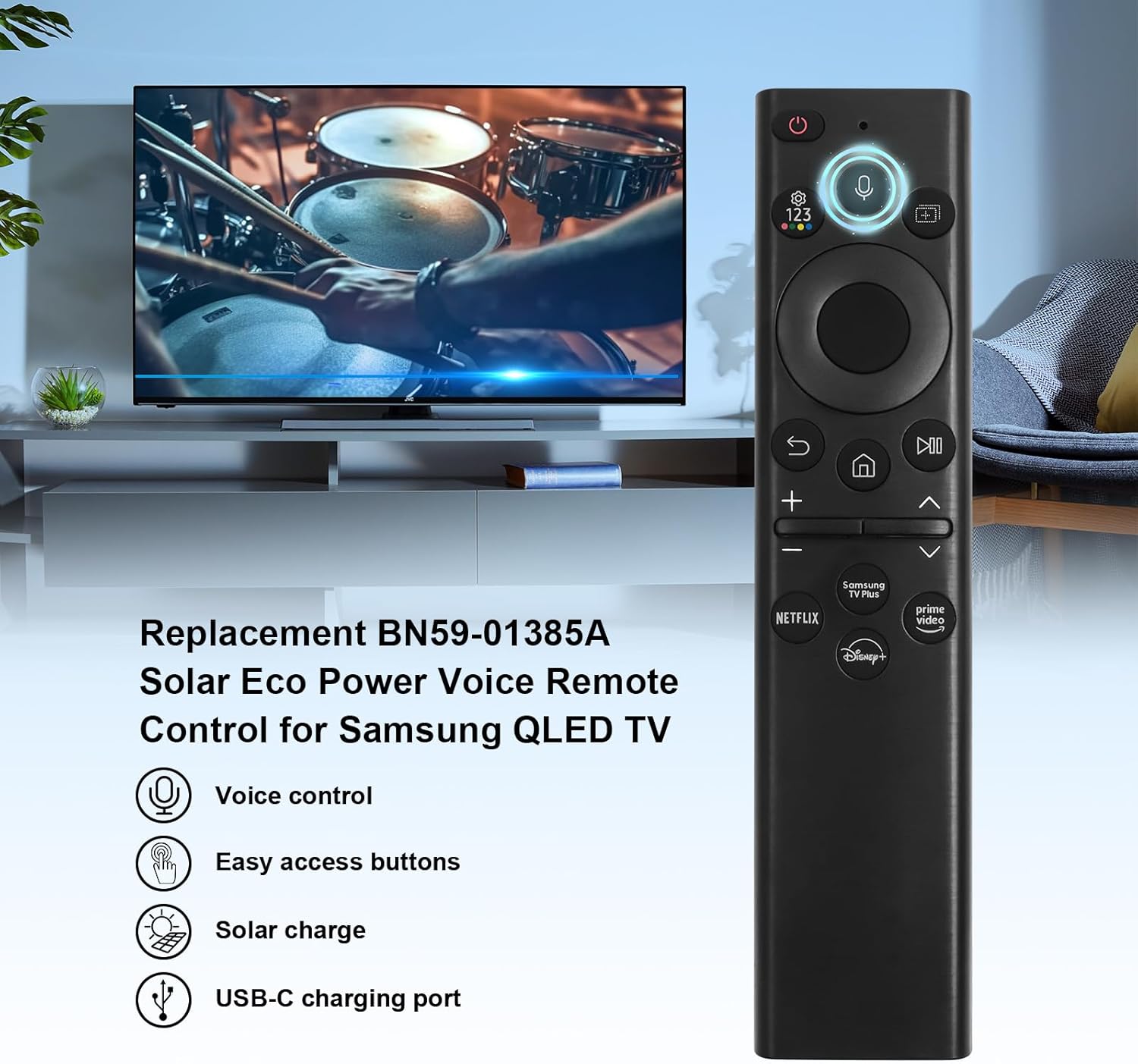 Rechargeable Solar TV Remote Control for Samsung Frame Smart TVs Voice Bluetooth 4 Shortcut Buttons - Image 3