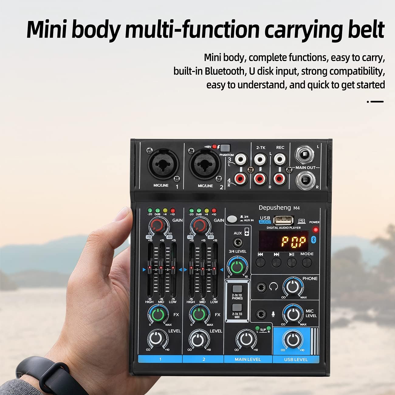 Depusheng M4 Black 4-Channel USB DJ Mixer with Bluetooth and Sound Card for PC Recording - Image 5