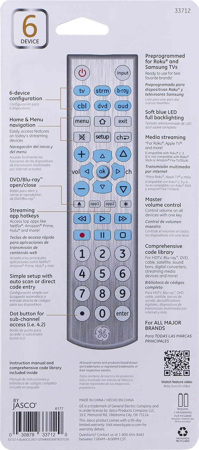GE 6-Device Backlit Universal Remote Control for Smart TVs and Streaming Players Silver - Image 9