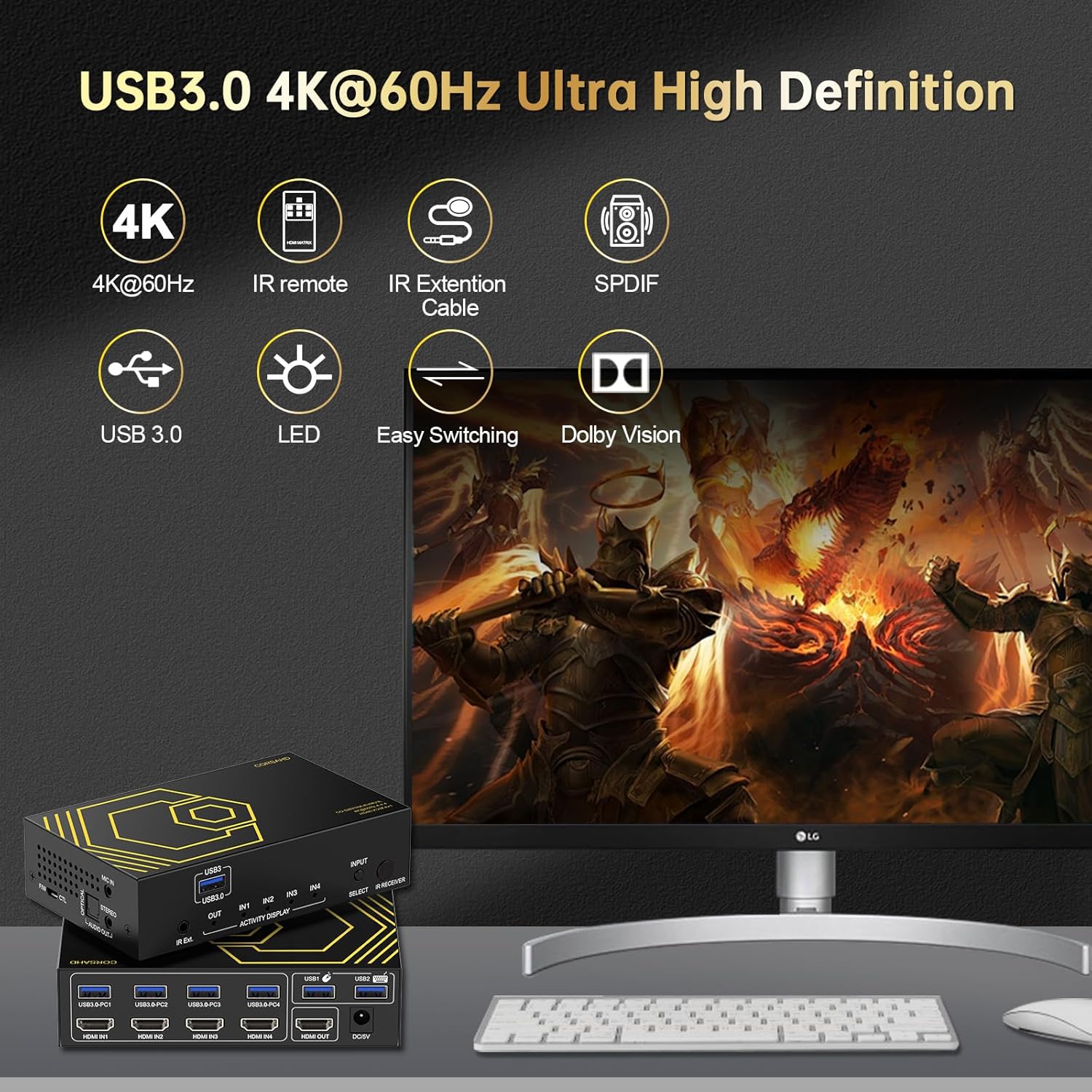 4-Port 4K@60Hz HDMI KVM Switch with USB 3.0, IR Remote, and SPDIF Audio for 4 Computers - Image 3
