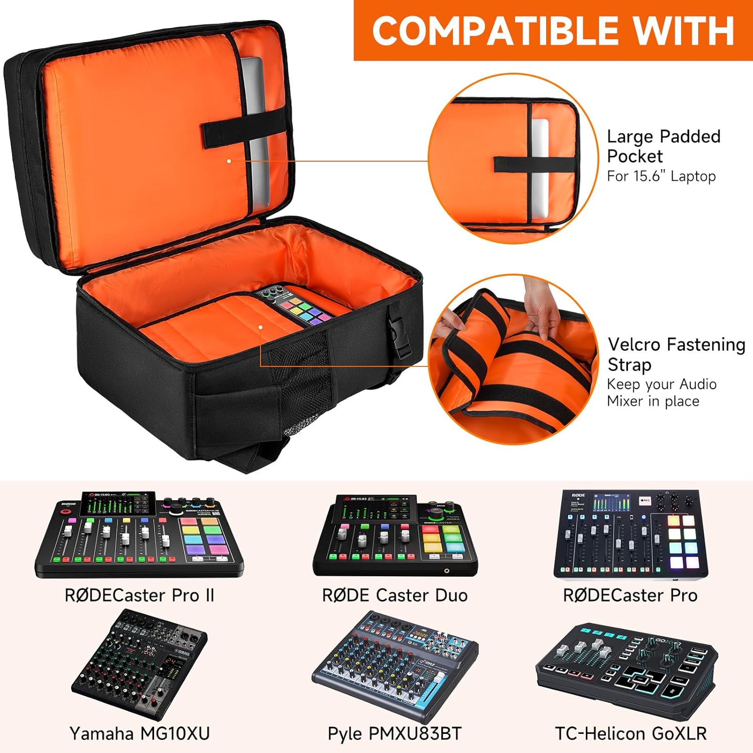 RODECaster Pro II Mixer Travel Backpack Bag fits RC Duo GoXLR MG10XU Multi-Pocket for Mics Cables - Image 2