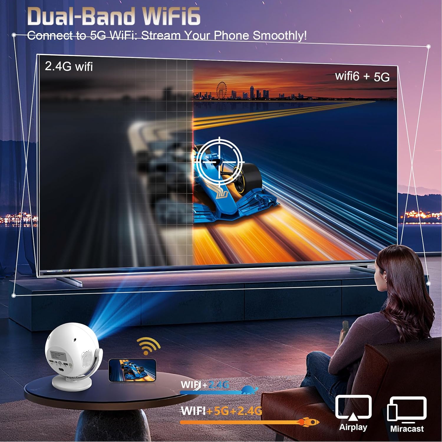 360° Rotatable Mini Smart Portable Projector Wifi Bluetooth 1080P White Electric Focus - Image 4