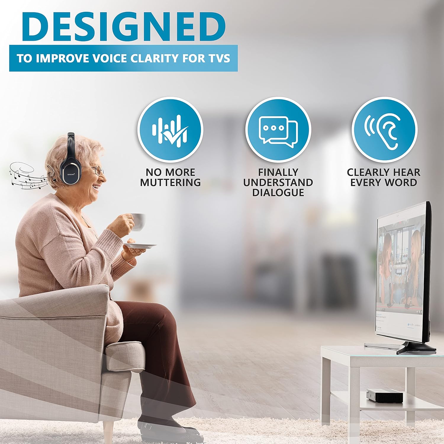 SEREONIC WH100 Wireless TV Headphones UHF RF Transmitter Charging Dock 150ft Range No Audio Delay Optical System - Image 3