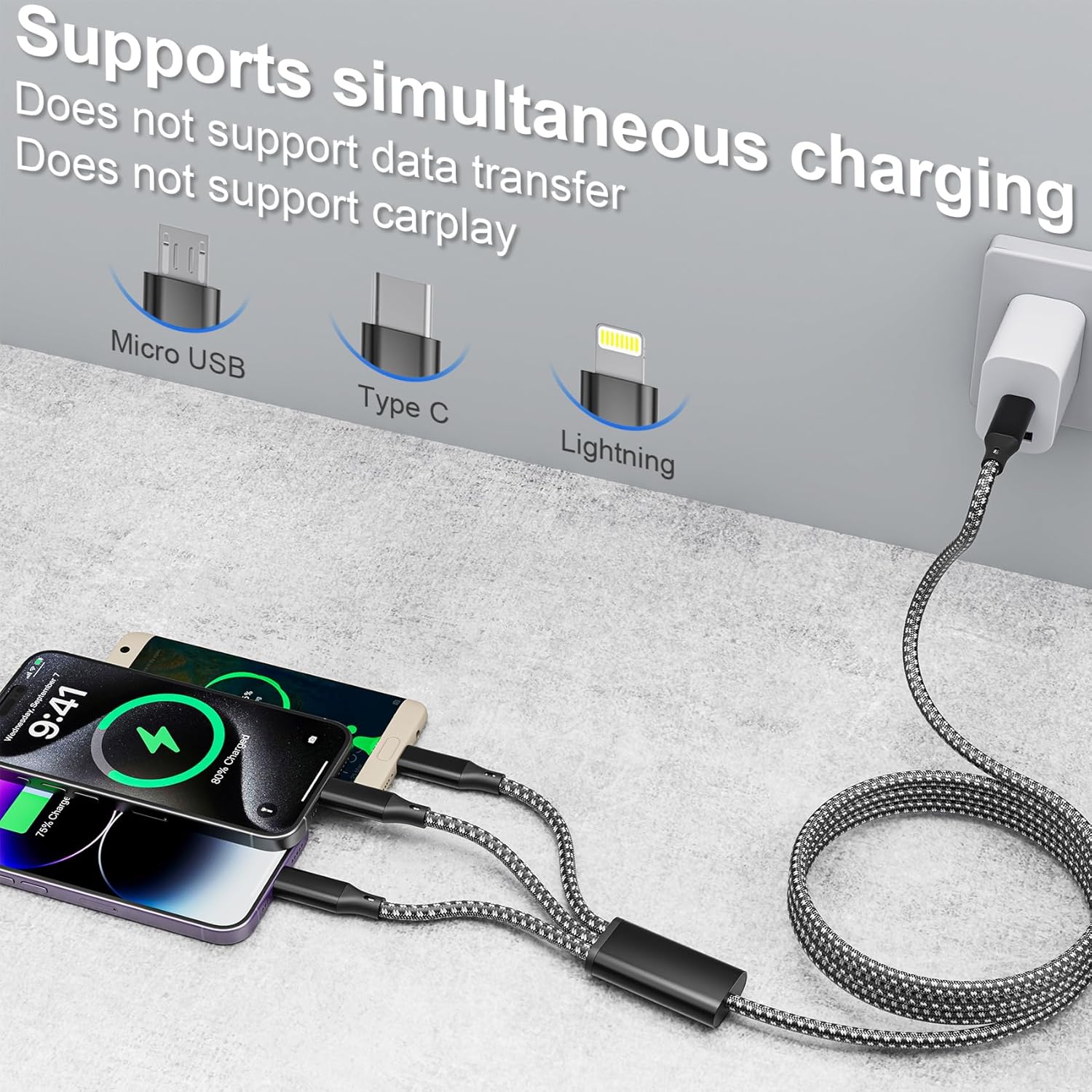 4ft MFi Certified Nylon Braided USB C Multi Charging Cable with Type-C Micro USB Lightning for Phones and Tablets - Image 2