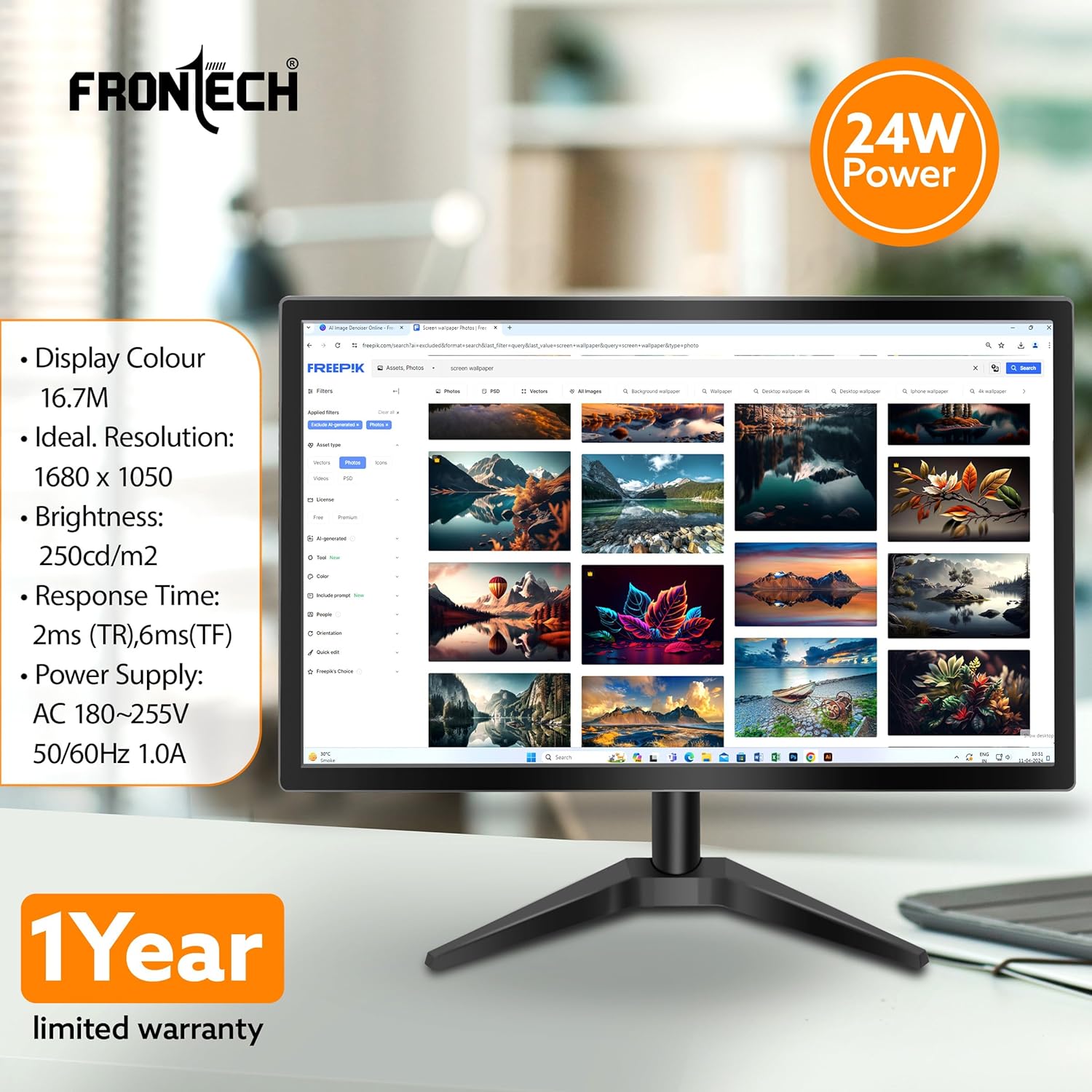 FRONTECH 22 Inch HD LED Monitor, 1680x1050, 60Hz Refresh, HDMI, VGA, Speakers, Wall Mountable, Black - Image 3