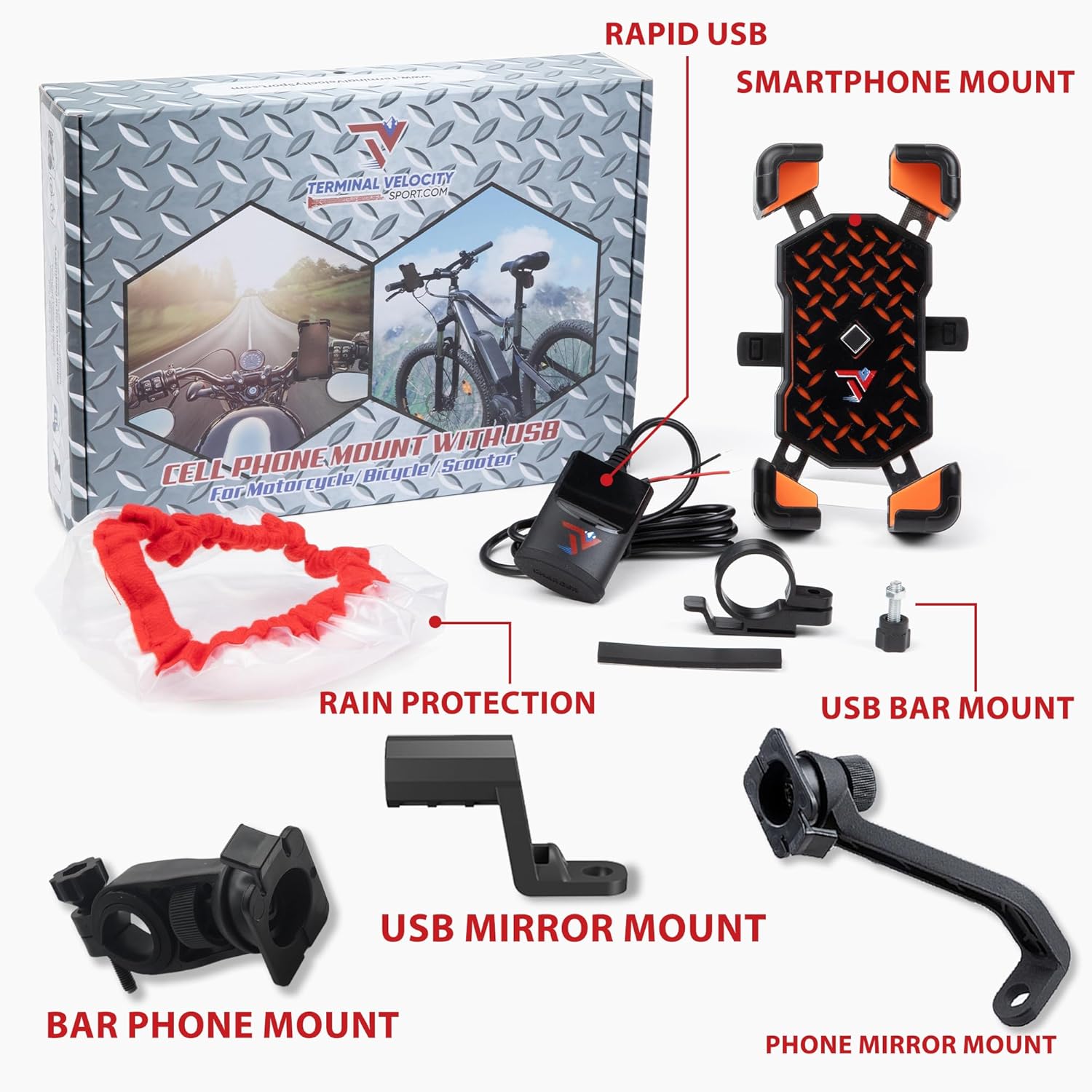 Motorcycle Phone Mount with 12V Dual USB-C Fast Charger, Waterproof Port, Mirror Mount & Rain Cover - Image 2