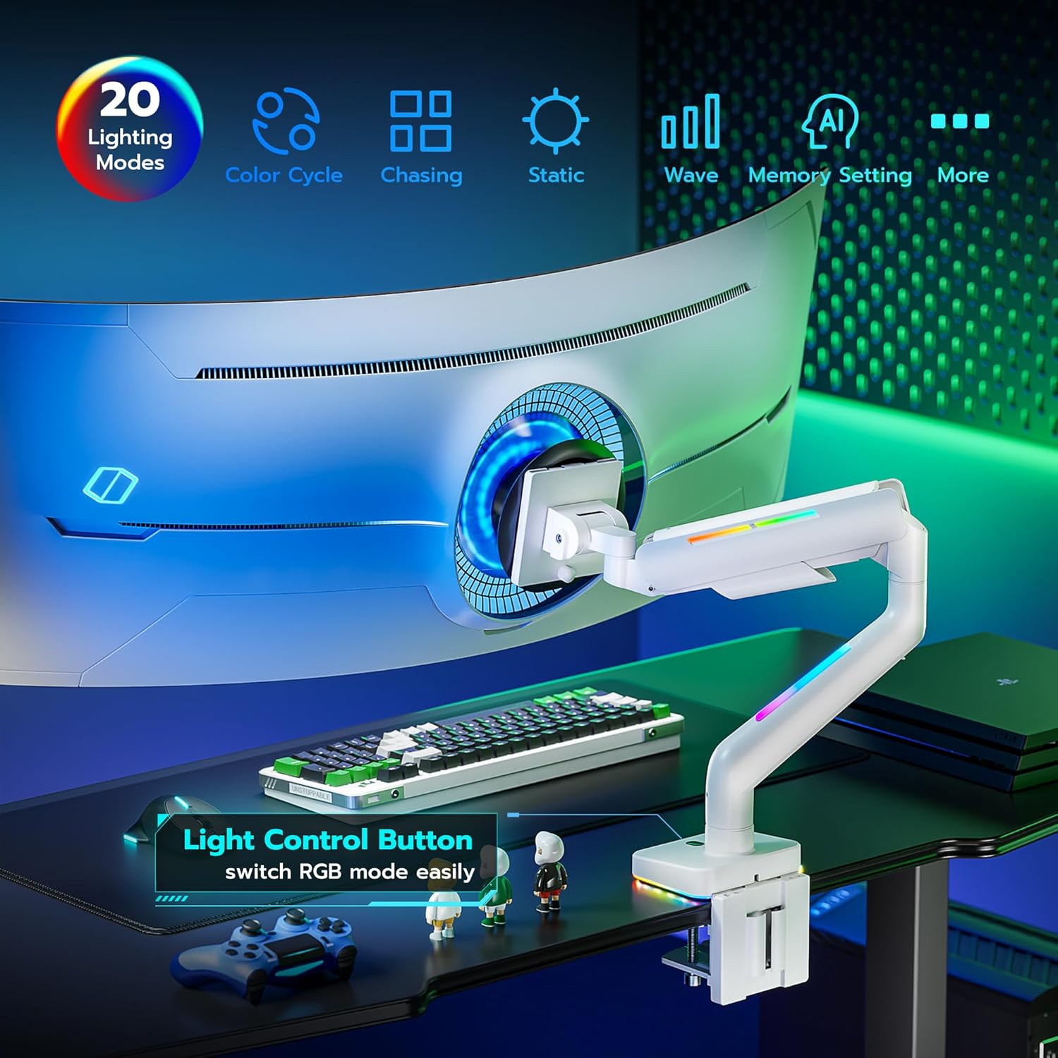 Heavy Duty White Ultrawide Monitor Arm for 17-49 inch Screens, 44lbs Capacity, Gas Spring RGB Gaming Desk Mount - Image 5