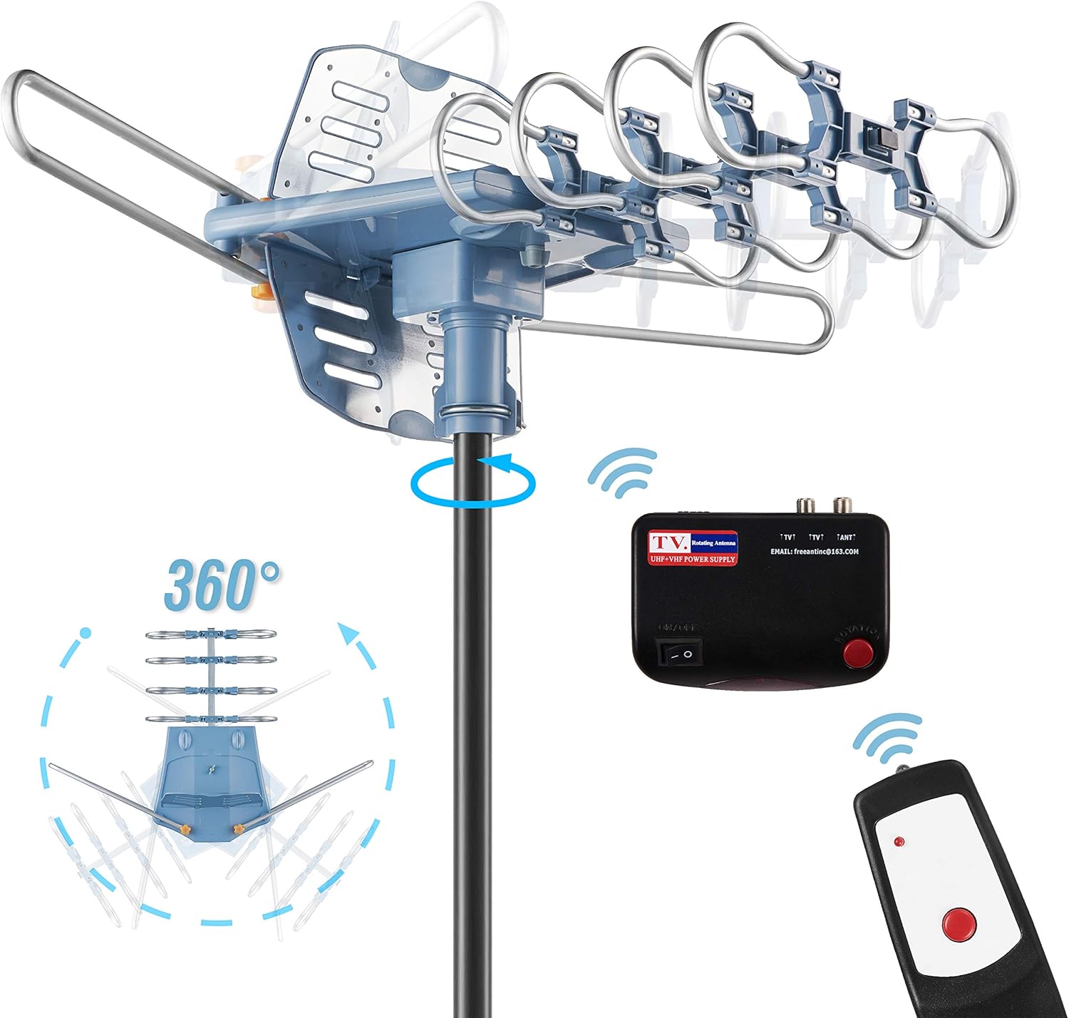 150 Mile Amplified Digital HDTV Antenna with 360 Degree Motorized Rotation and Remote Control, Supports 2 TVs - Image 5