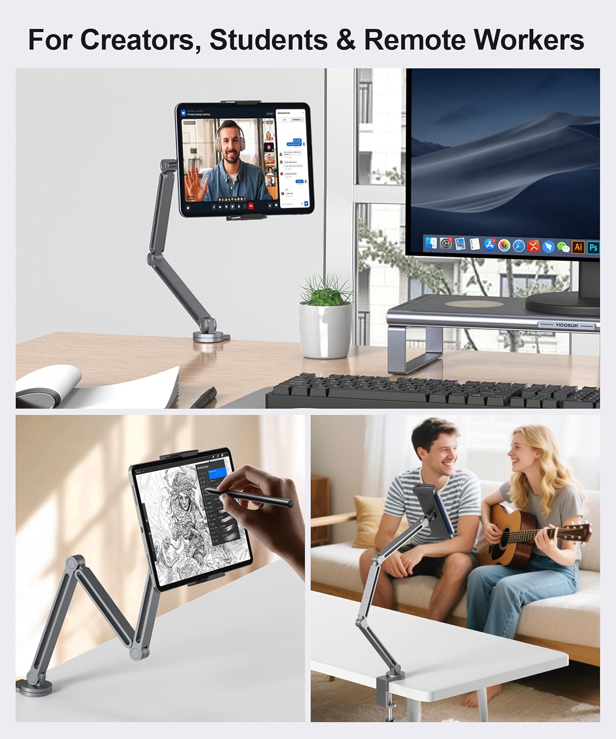 Heavy Duty Aluminum 360° Rotating Tablet Arm Mount Holder with Super Grip - Gray, Foldable Clamp for iPad, Phone, Monitor, Kindle - Image 5