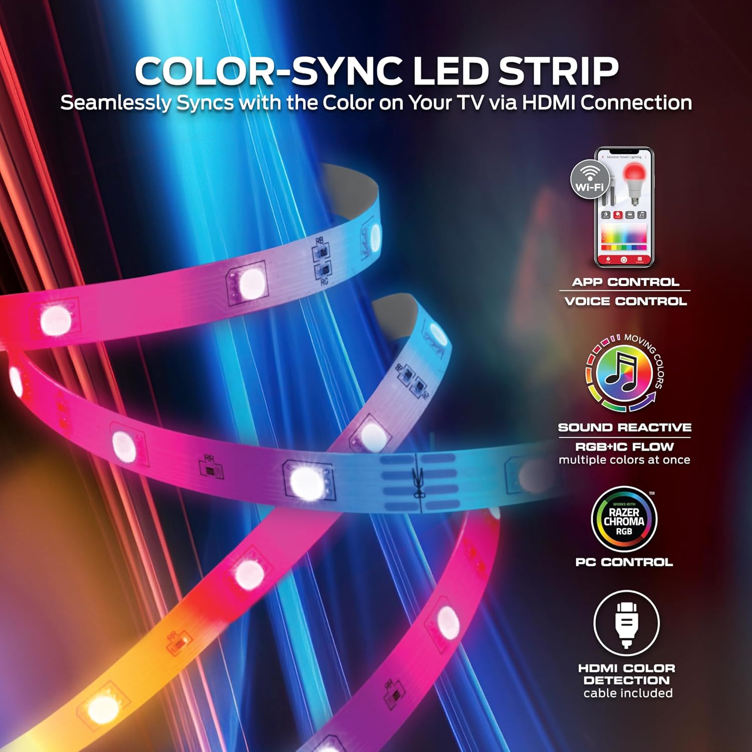 Monster TV Backlight LED Light Strip, HDMI Color Sync Box, Up to 85 Inch, Smart Wi-Fi RGB+IC Flow - Image 2