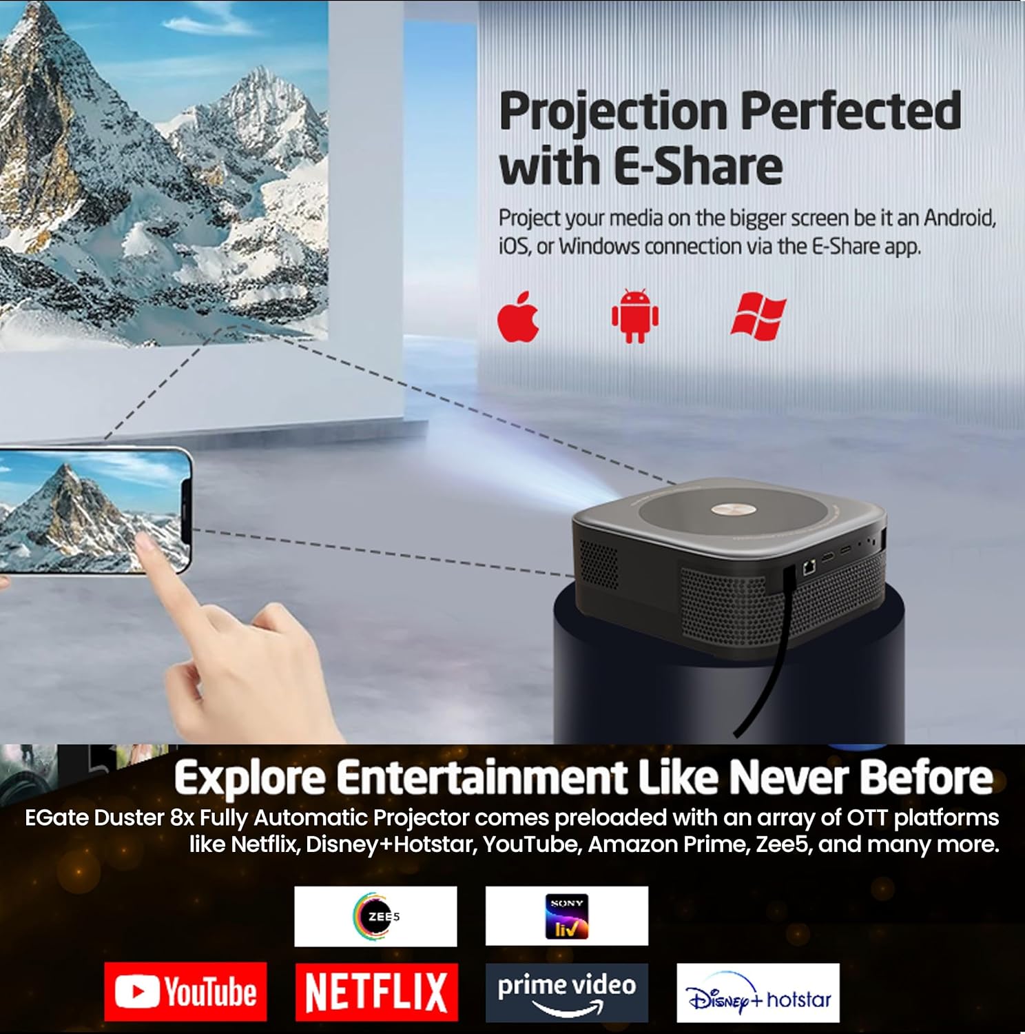 E GATE Duster 8X 1080p 4K HDR Android Projector 100% Dust Proof 800 ISO Lumen - Image 8