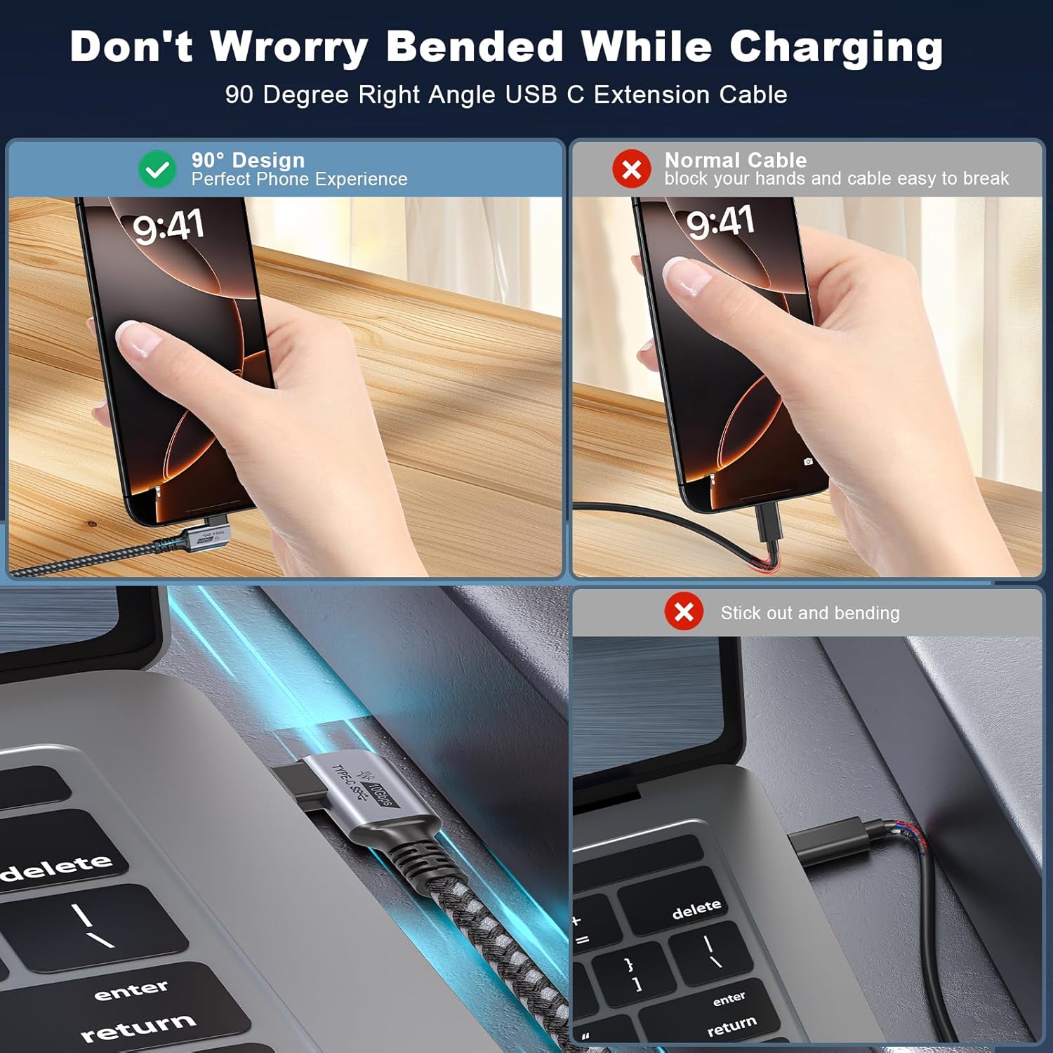10Gbps 3ft USB C Extension Cable Right Angle 90 Degree 100W PD Charging 4K Video - Image 3