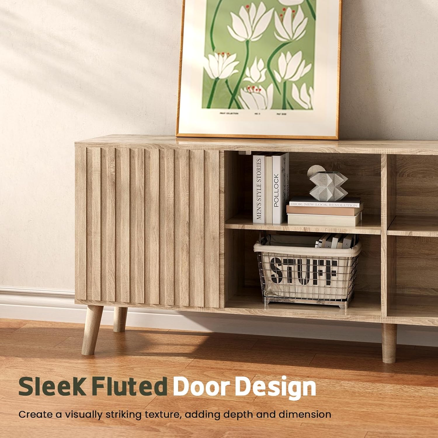 Mid-Century Modern Fluted Oak TV Stand Entertainment Center for 80-inch TVs with Adjustable Storage Shelves - Image 3