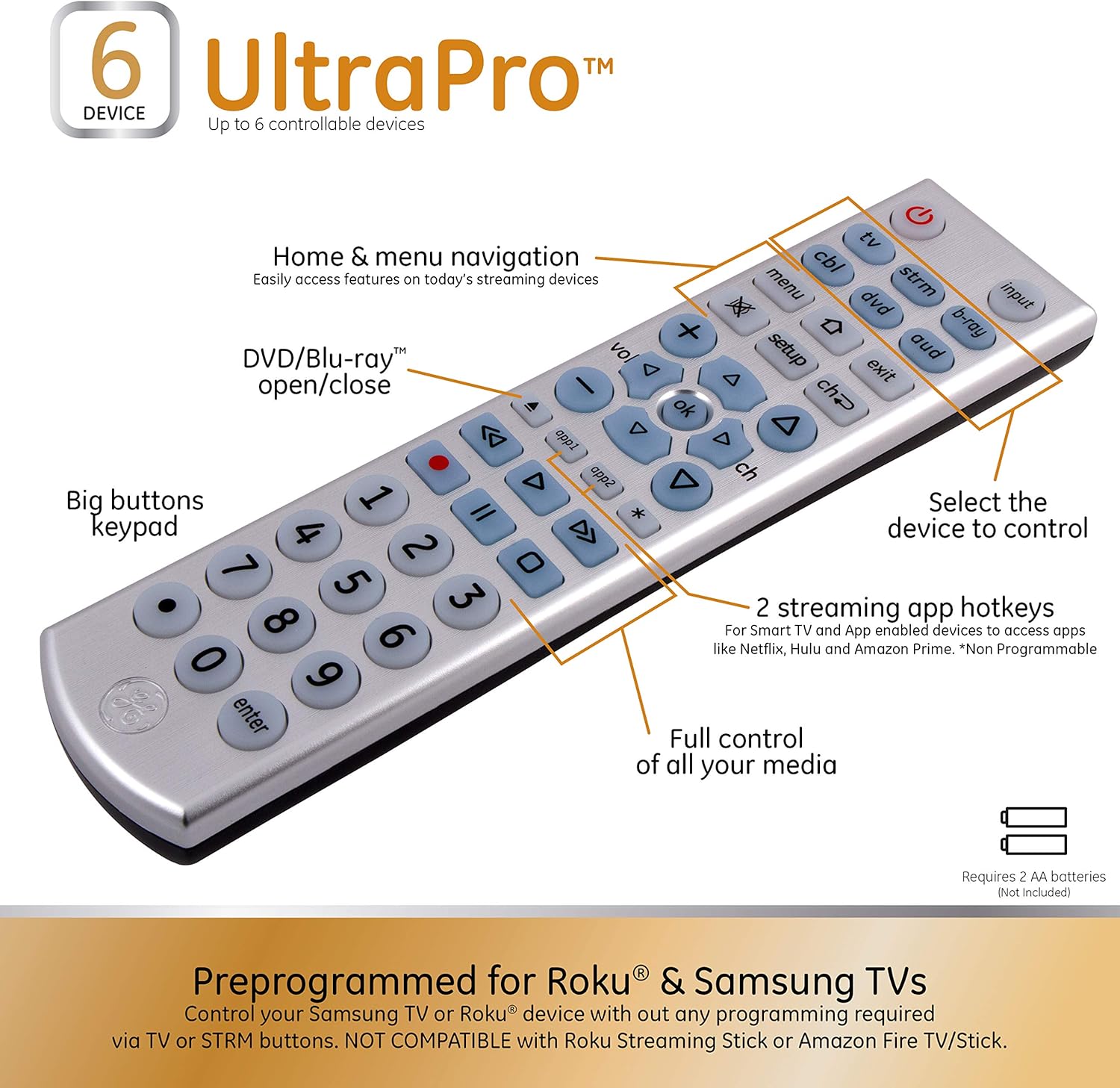 GE 6-Device Backlit Universal Remote Control for Smart TVs and Streaming Players Silver - Image 3