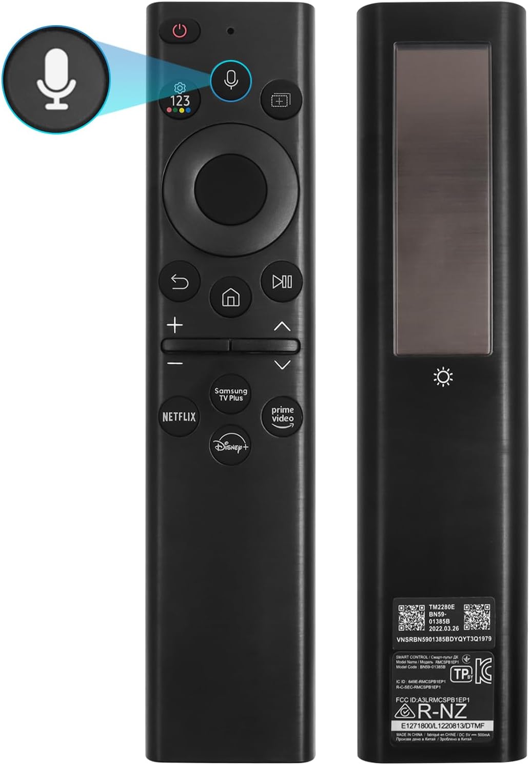 Rechargeable Solar TV Remote Control for Samsung Frame Smart TVs Voice Bluetooth 4 Shortcut Buttons
