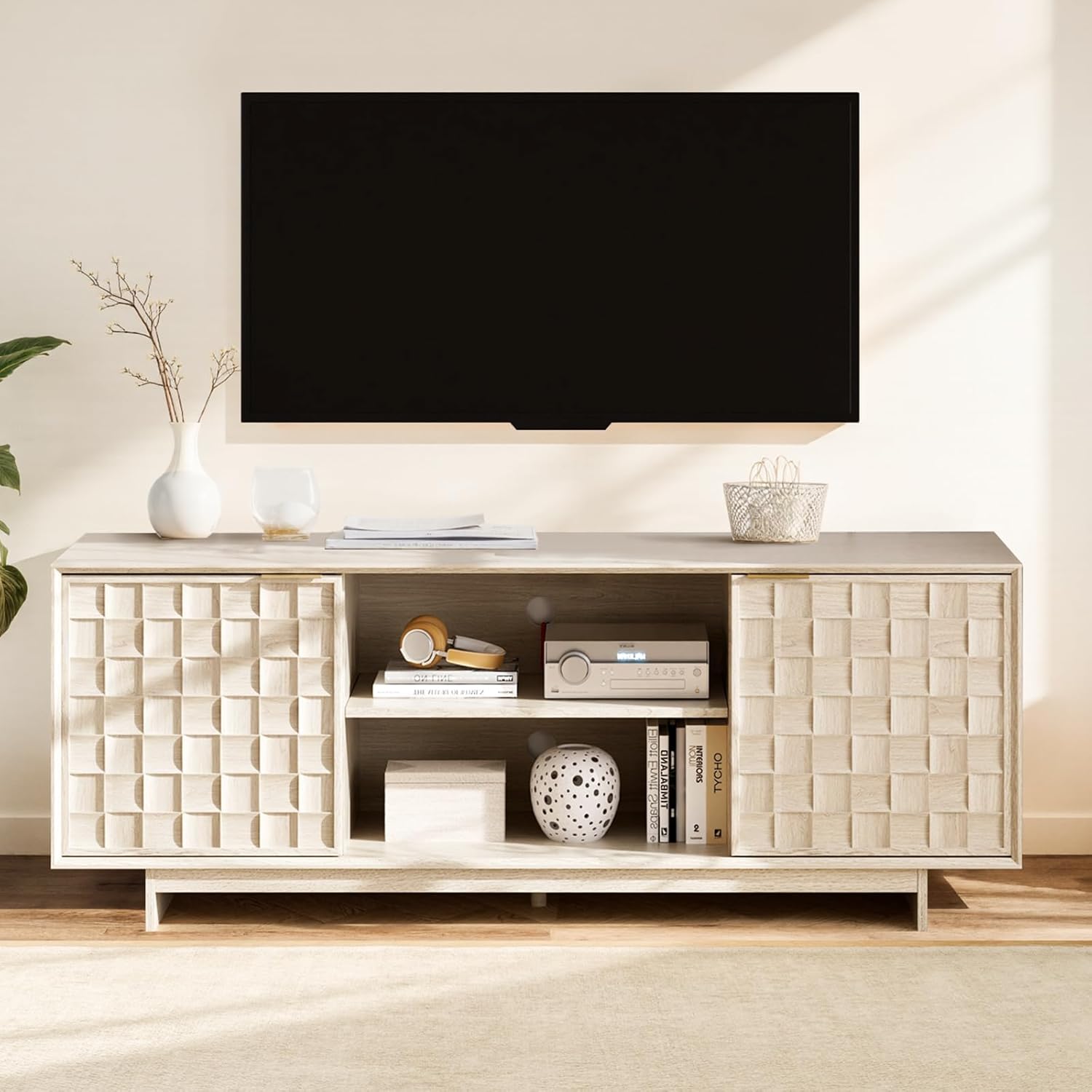 COLAMY 59 Inch Oak Mid-Century Modern TV Stand with Two Doors and Adjustable Shelves for 50-65 Inch TVs