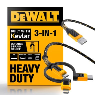 DEWALT Heavy Duty 6ft 3-in-1 Multi Charging Cord for iPhones, Samsung Galaxy, PS, Tablets
