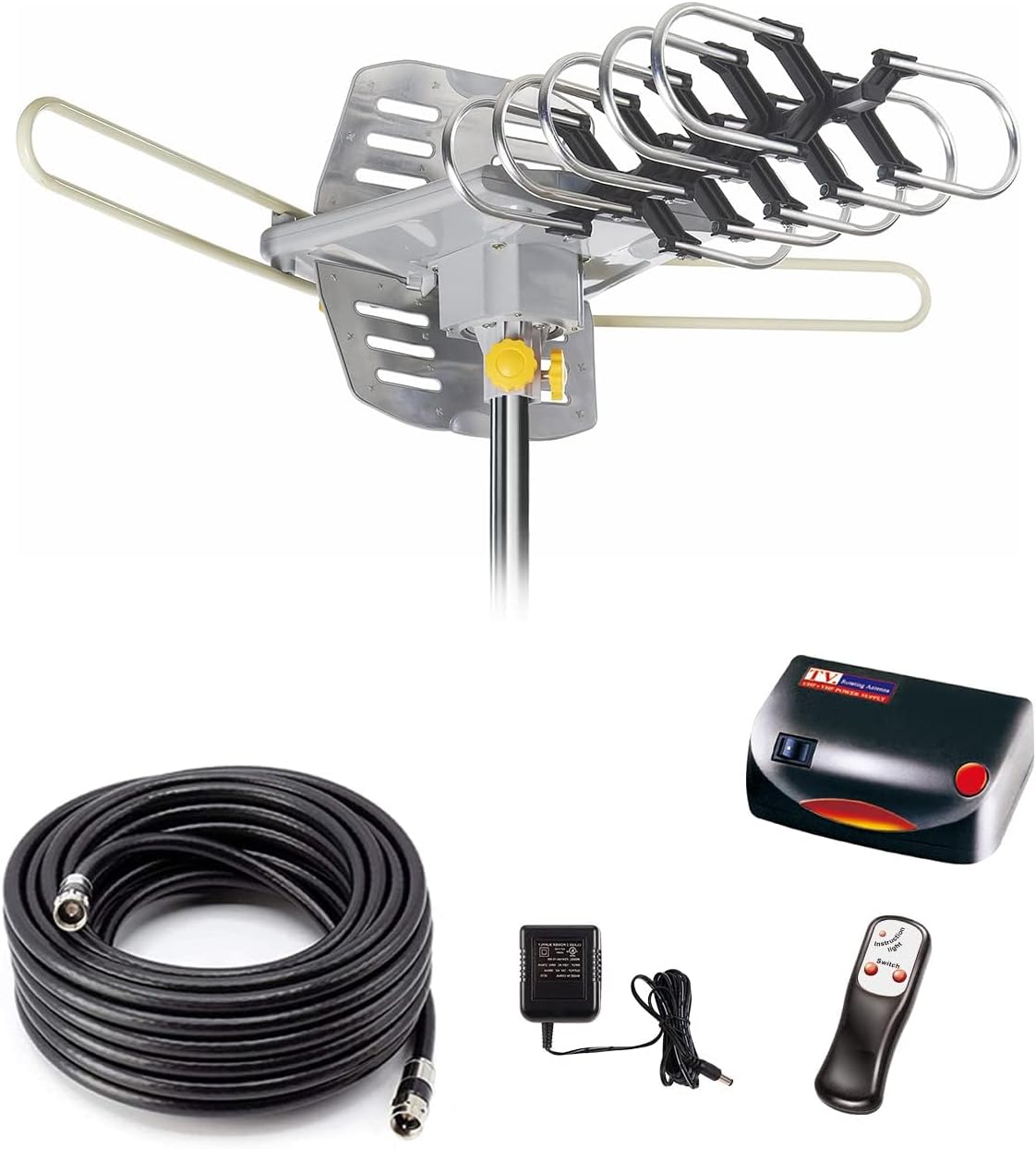 150 Mile Digital Outdoor Amplified HD TV Antenna with 360° Rotation and Wireless Remote Control, Supports 2 TVs