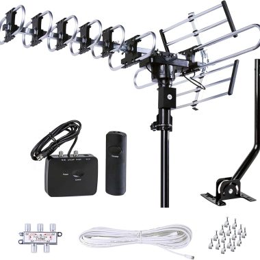 Five Star Outdoor HD TV Antenna 200 Mile Range 360 Degree Rotation with Infrared Remote and Installation Kit