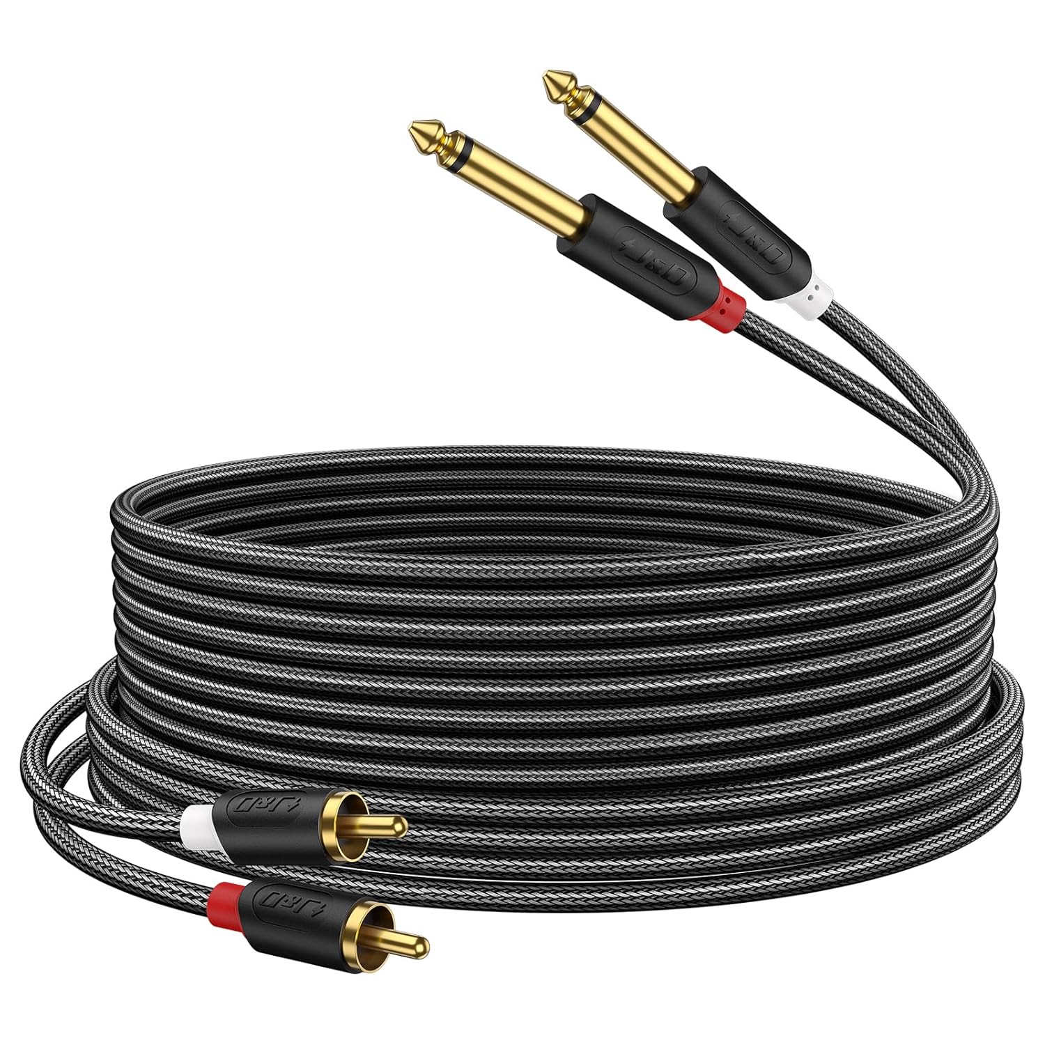 J&D Gold Plated 9 Foot Dual 1/4" TS to RCA Stereo Audio Interconnect Cable with Nylon Braid