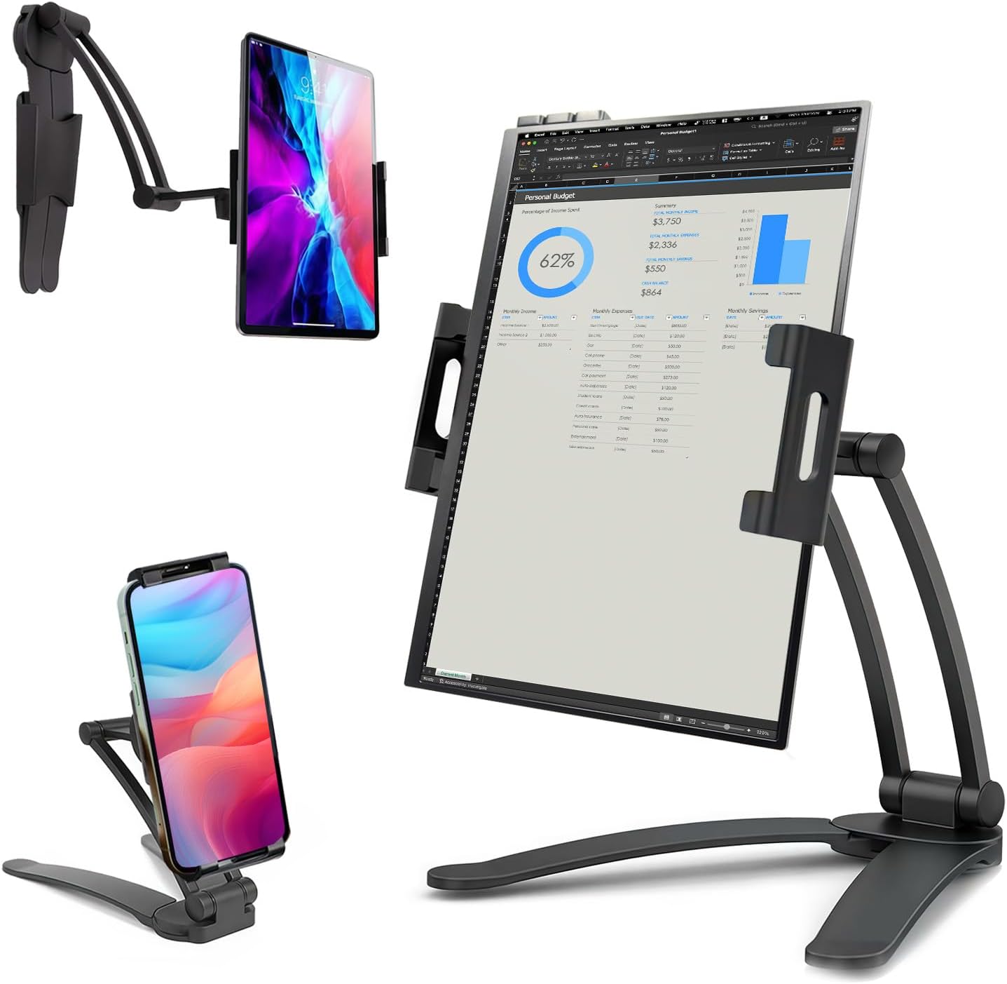 Aluminum Alloy Portable Monitor Stand with Tablet and Phone Clamp, 3M Cubical and Wall Mount for Kitchen Cabinets