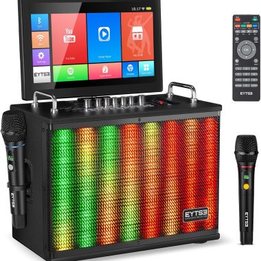 14" Touchscreen WiFi Karaoke Machine PA Speaker System with HDMI Output and 2 Wireless Microphones, DJ Light, Home Party Ready