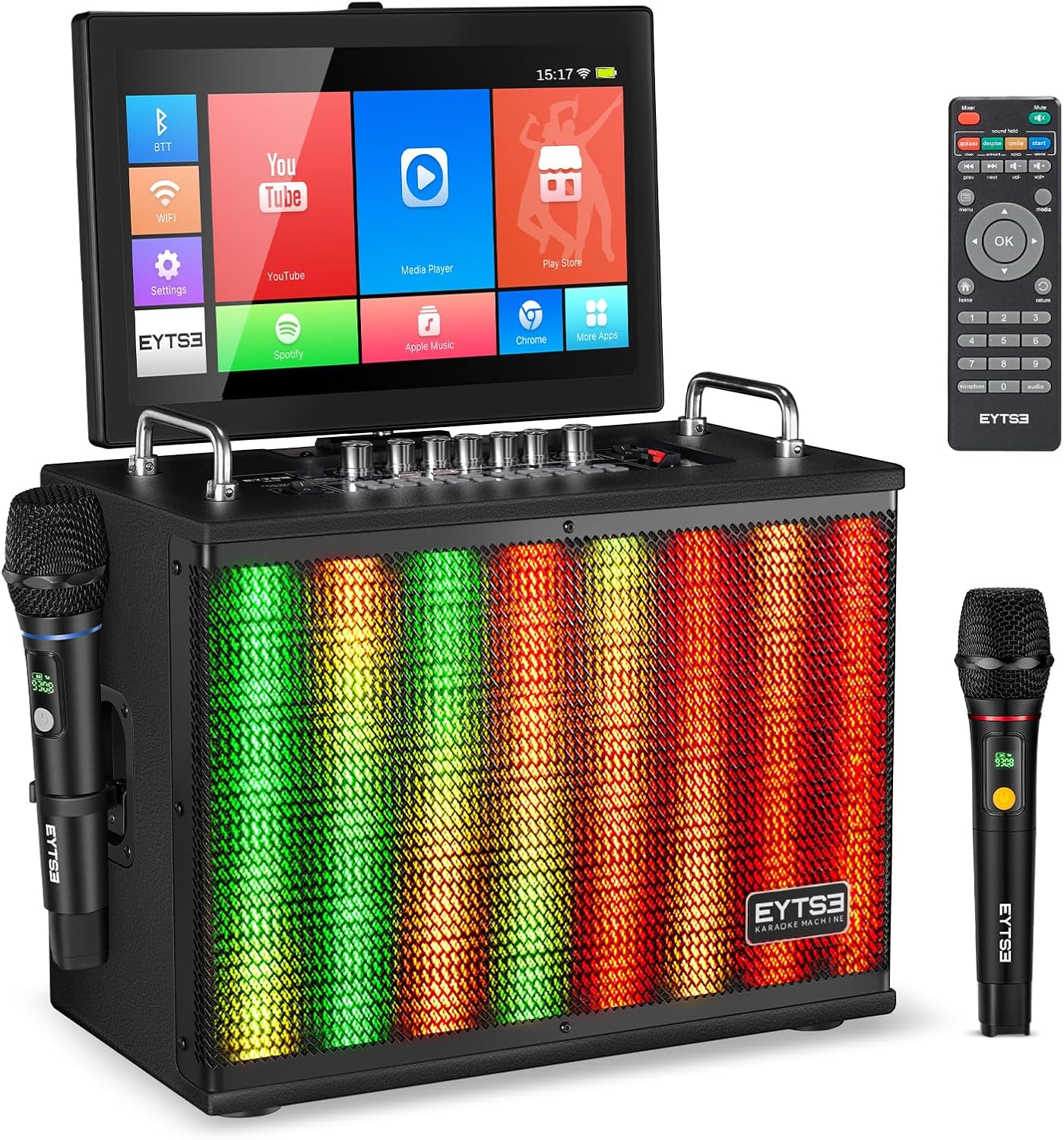 14" Touchscreen WiFi Karaoke Machine PA Speaker System with HDMI Output and 2 Wireless Microphones, DJ Light, Home Party Ready