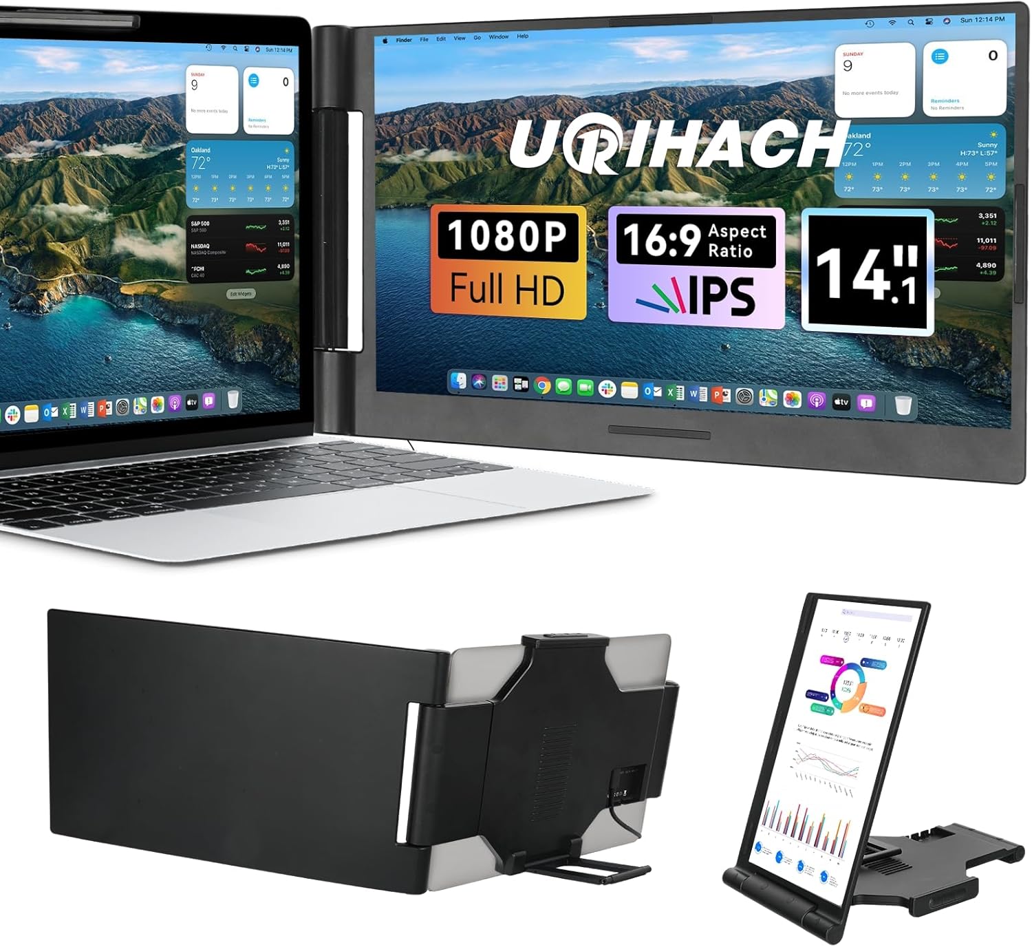 14 Inch 1080P IPS Laptop Screen Extender 280° Rotation Portable Monitor Plug-Play Dual Screen for 13-17.3" Windows Mac Android