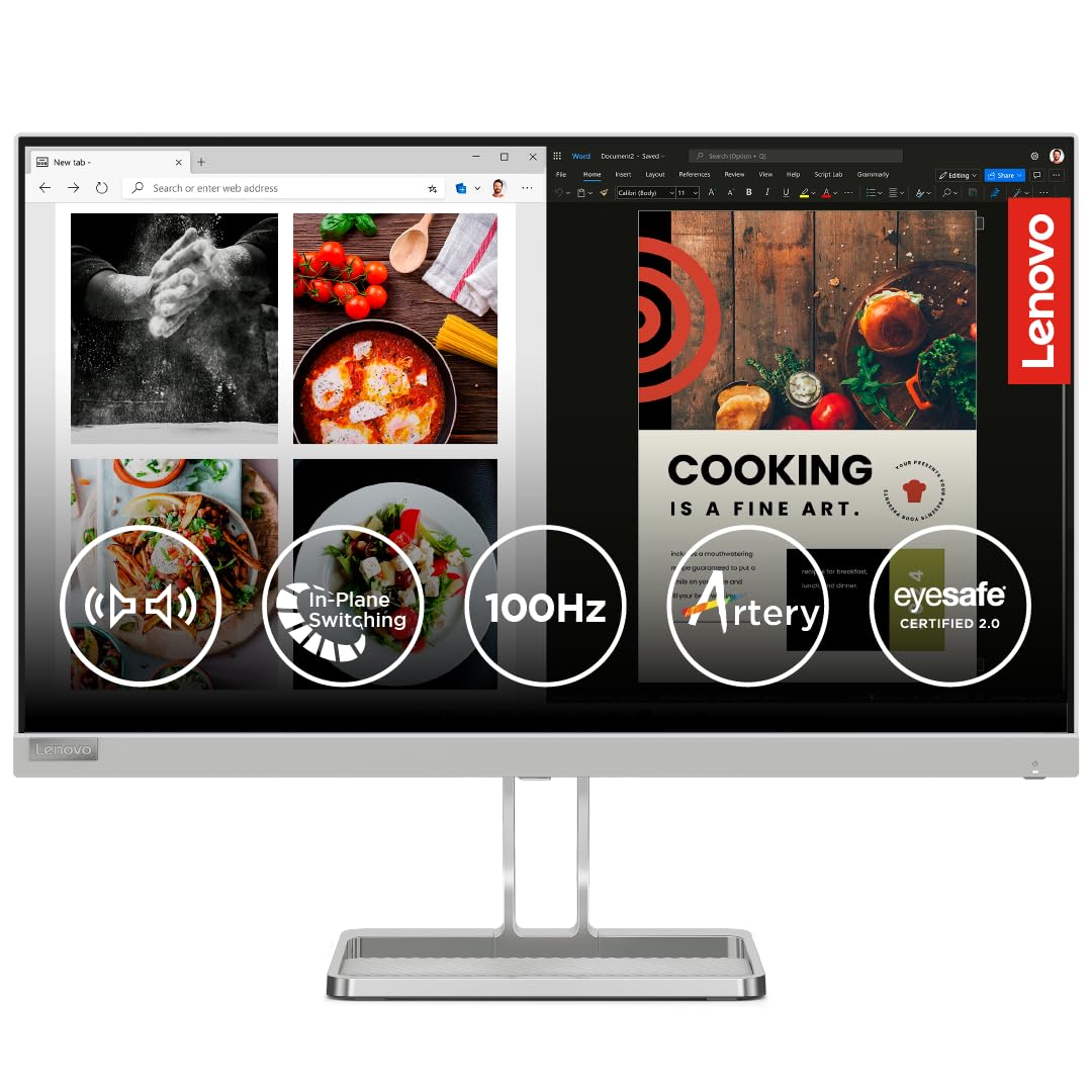 Lenovo L24i-40 24 Inch FHD IPS Ultraslim Monitor 100Hz 99% sRGB HDMI Grey