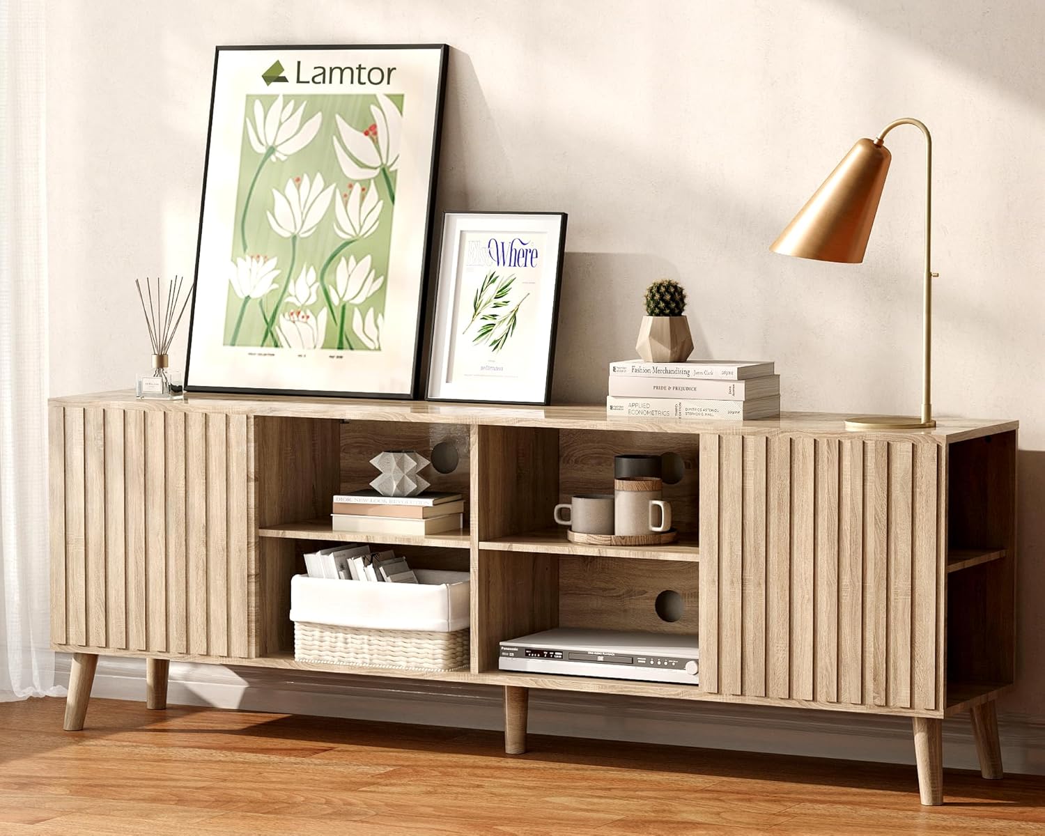 Mid-Century Modern Fluted Oak TV Stand Entertainment Center for 80-inch TVs with Adjustable Storage Shelves