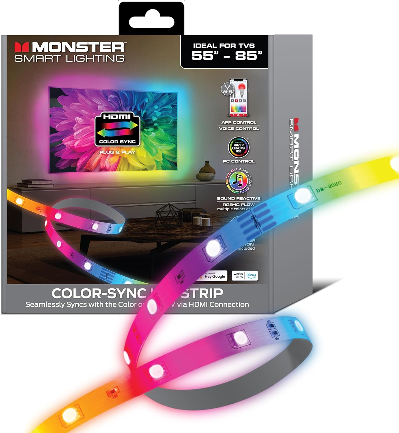 Monster TV Backlight LED Light Strip, HDMI Color Sync Box, Up to 85 Inch, Smart Wi-Fi RGB+IC Flow