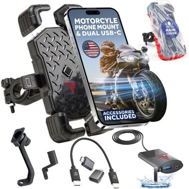 Motorcycle Phone Mount with 12V Dual USB-C Fast Charger, Waterproof Port, Mirror Mount & Rain Cover