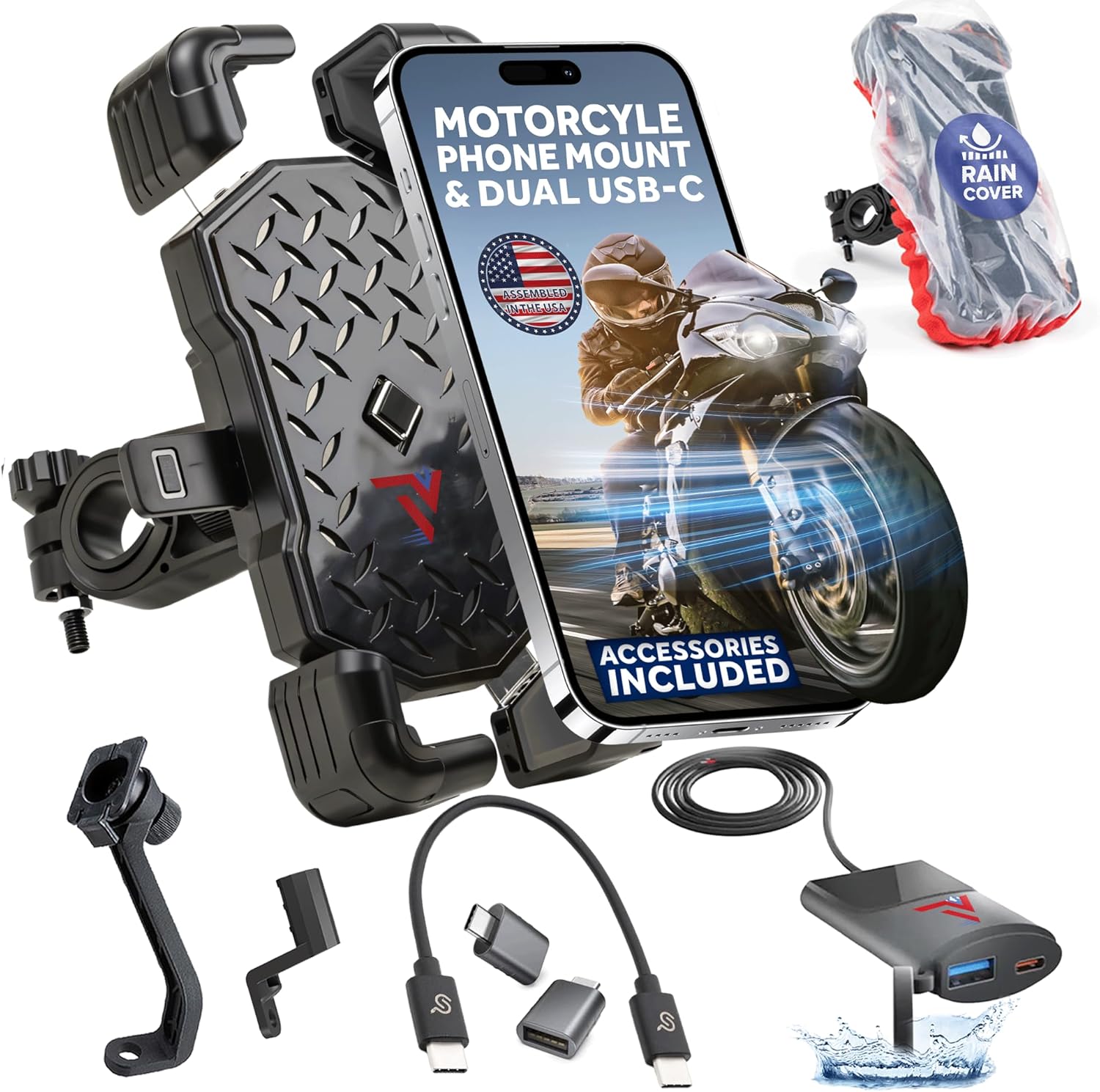 Motorcycle Phone Mount with 12V Dual USB-C Fast Charger, Waterproof Port, Mirror Mount & Rain Cover