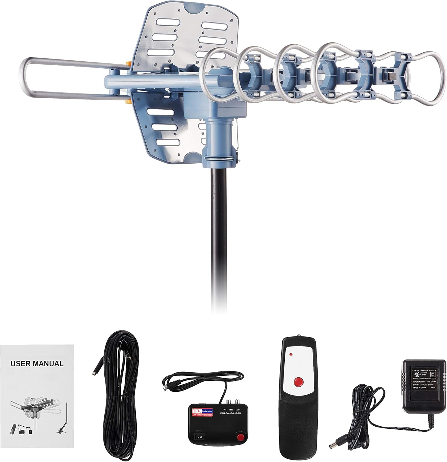 150 Mile Amplified Digital HDTV Antenna with 360 Degree Motorized Rotation and Remote Control, Supports 2 TVs