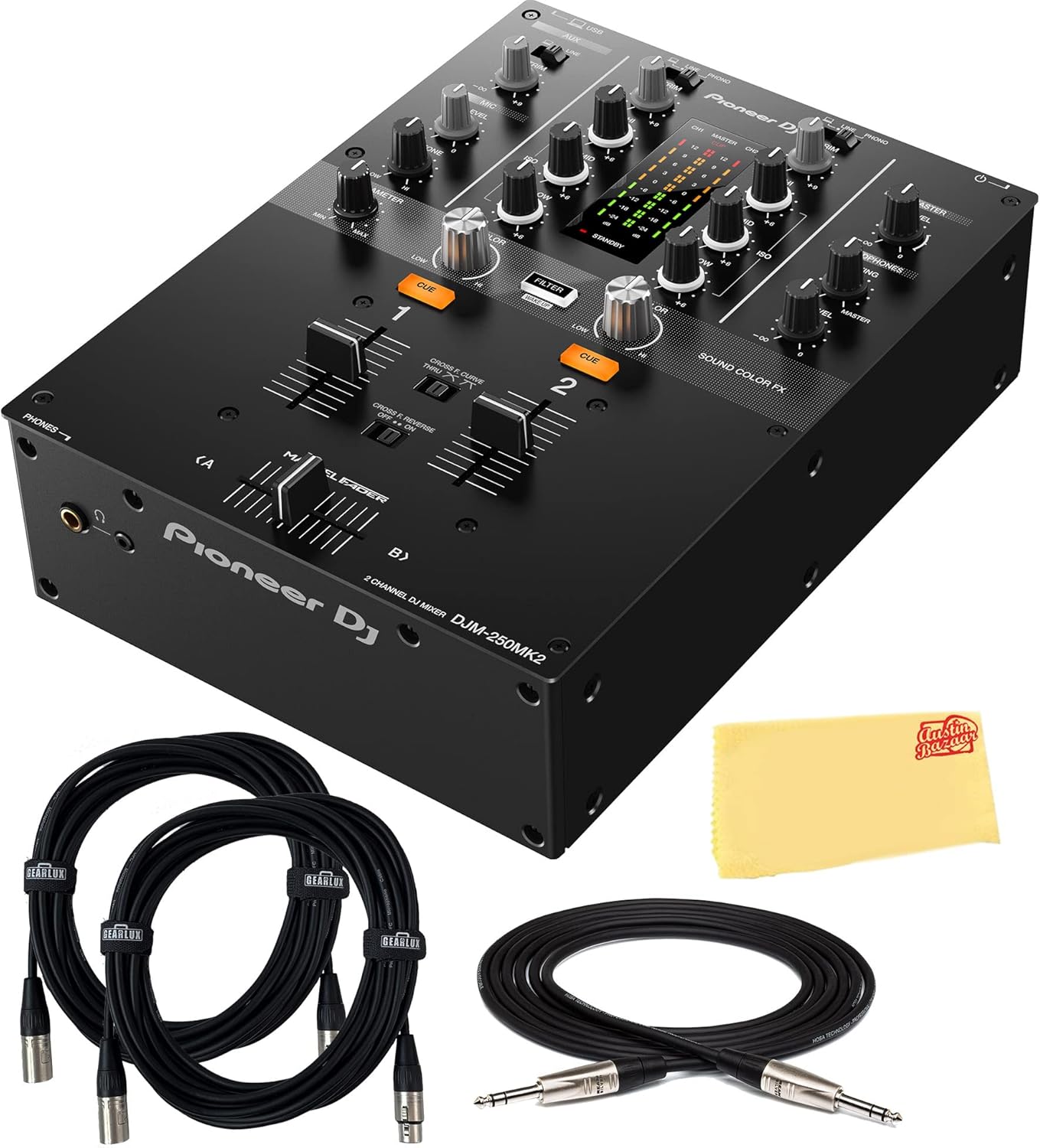 Pioneer DJM-250MK2 2-Channel DJ Mixer with Independent Filter - Includes TRS, 2 XLR Cables and Polishing Cloth