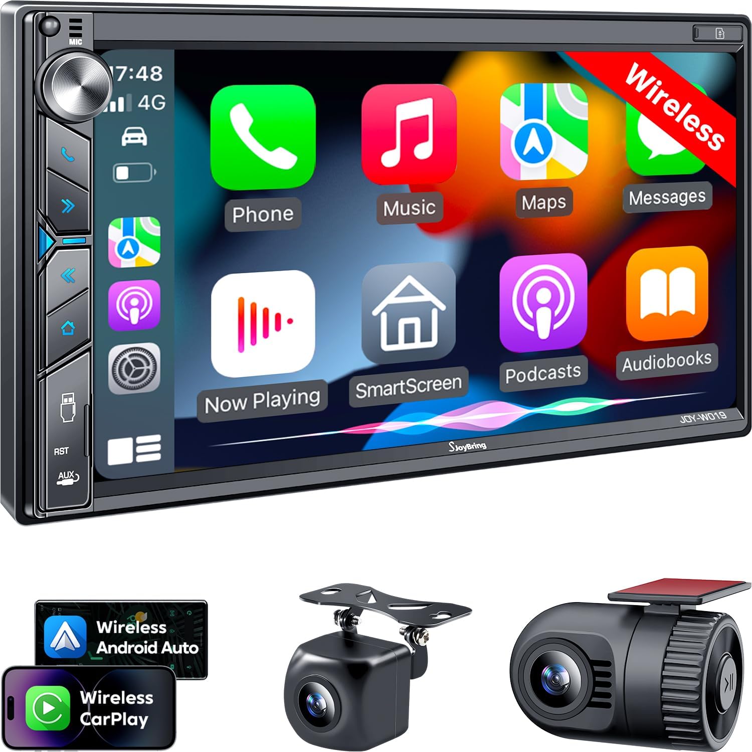 SJoyBring 7 Inch HD Wireless Double Din Car Stereo Apple Carplay Android Auto Dash Cam 60W*4