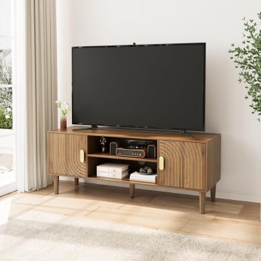 Smuxee Walnut 47.2" Mid Century Modern TV Stand with Line Groove, Adjustable Shelf, 2 Cabinets