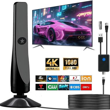 Amplified HD Digital TV Antenna with Signal Booster, 4K 1080p Reception, Black, Includes Coax Cable