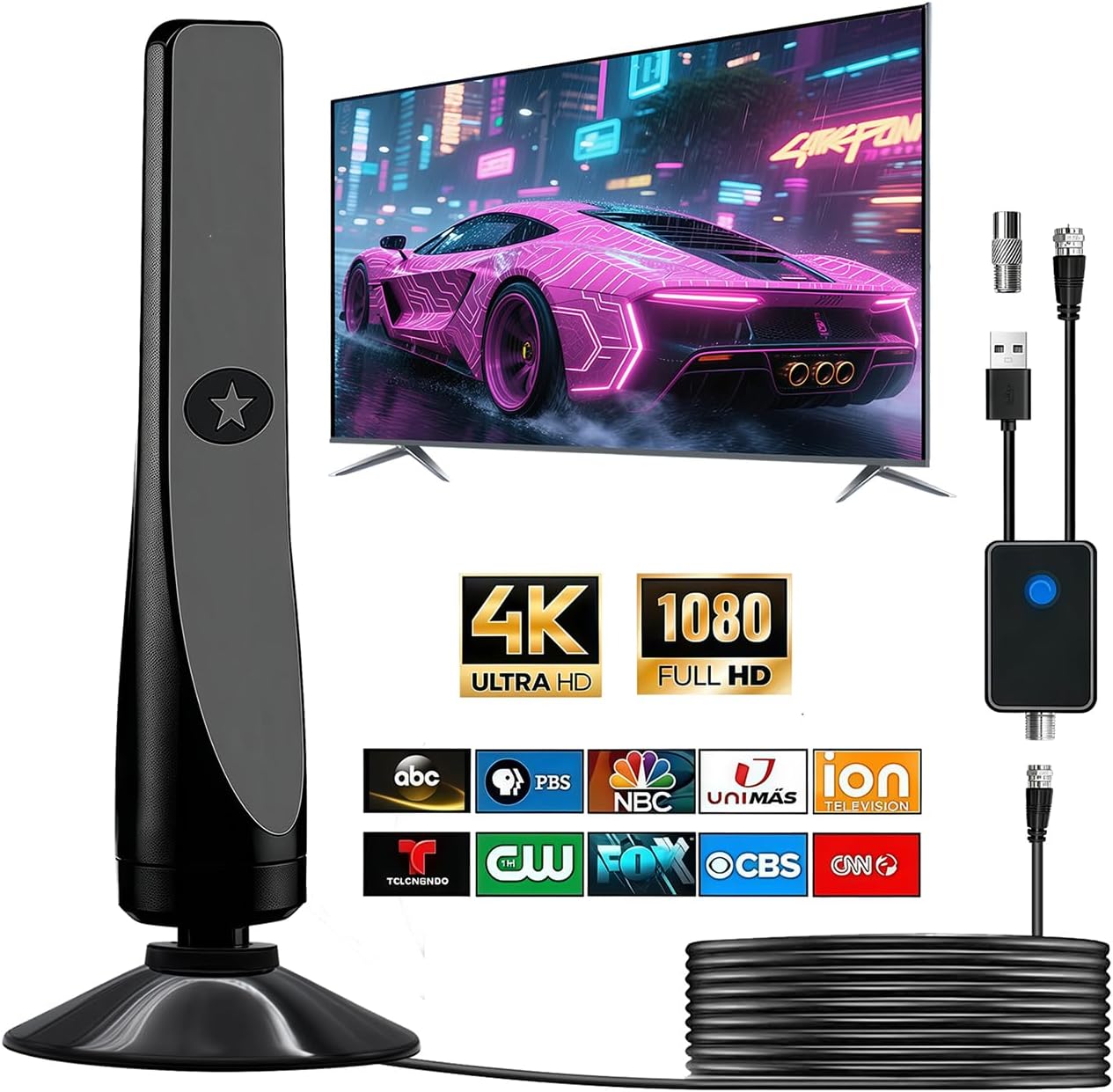 Amplified HD Digital TV Antenna with Signal Booster, 4K 1080p Reception, Black, Includes Coax Cable