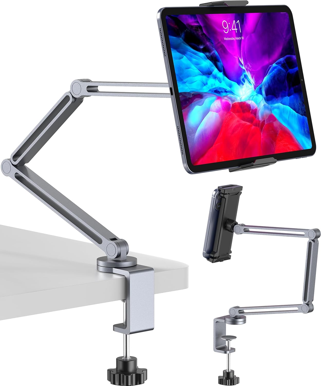 Heavy Duty Aluminum 360° Rotating Tablet Arm Mount Holder with Super Grip - Gray, Foldable Clamp for iPad, Phone, Monitor, Kindle