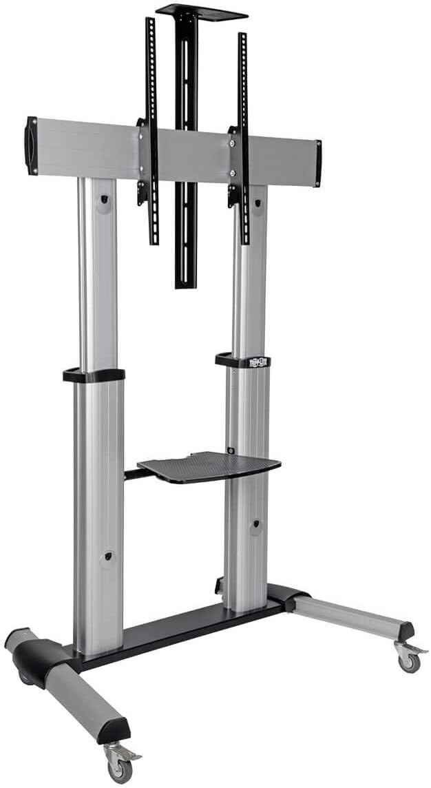 Mobile TV Stand with Mount for 60"–100" Flat Screens, Integrated Shelf, Locking Wheels, Silver