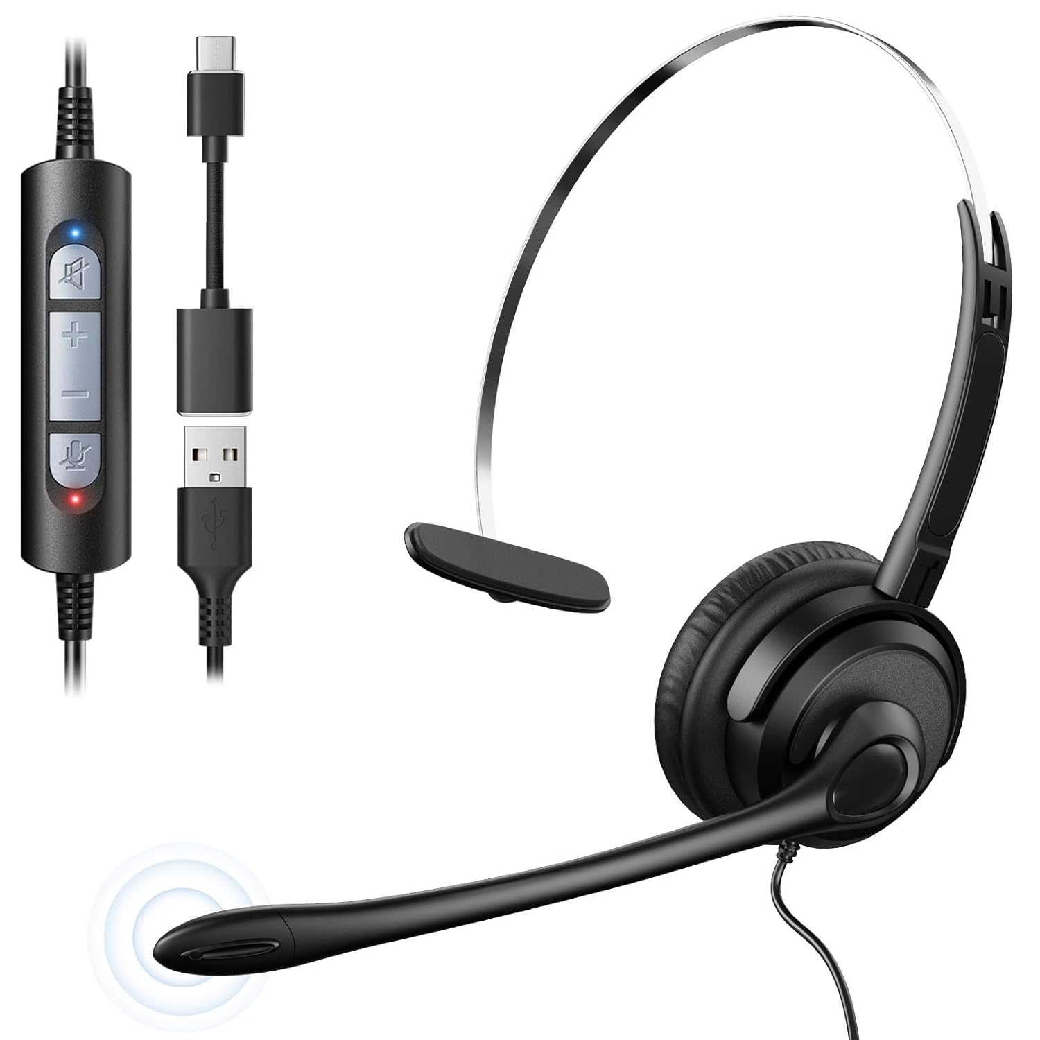Voistek Wired Mono USB Headset with Noise Cancelling Microphone, Single Ear Comfort for Laptop PC Mac Office Zoom