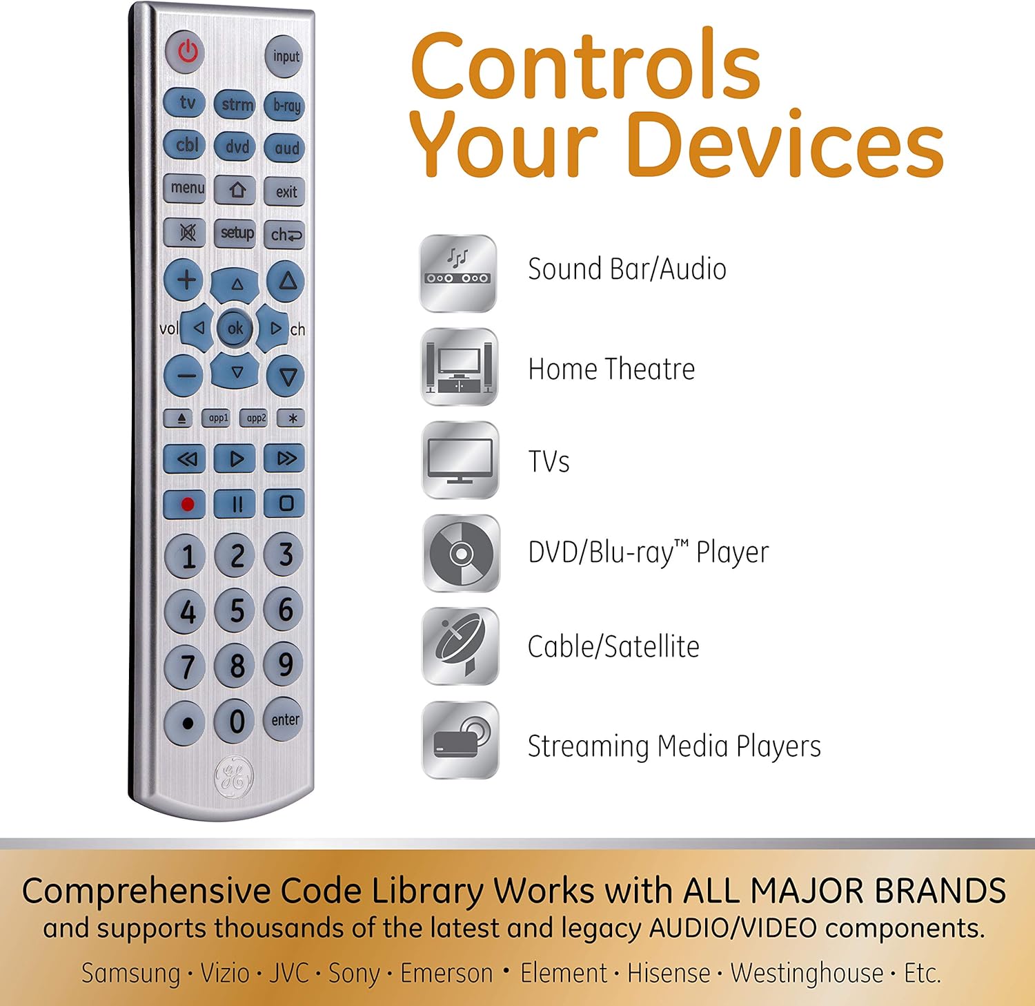 GE 6-Device Backlit Universal Remote Control for Smart TVs and Streaming Players Silver - Image 2