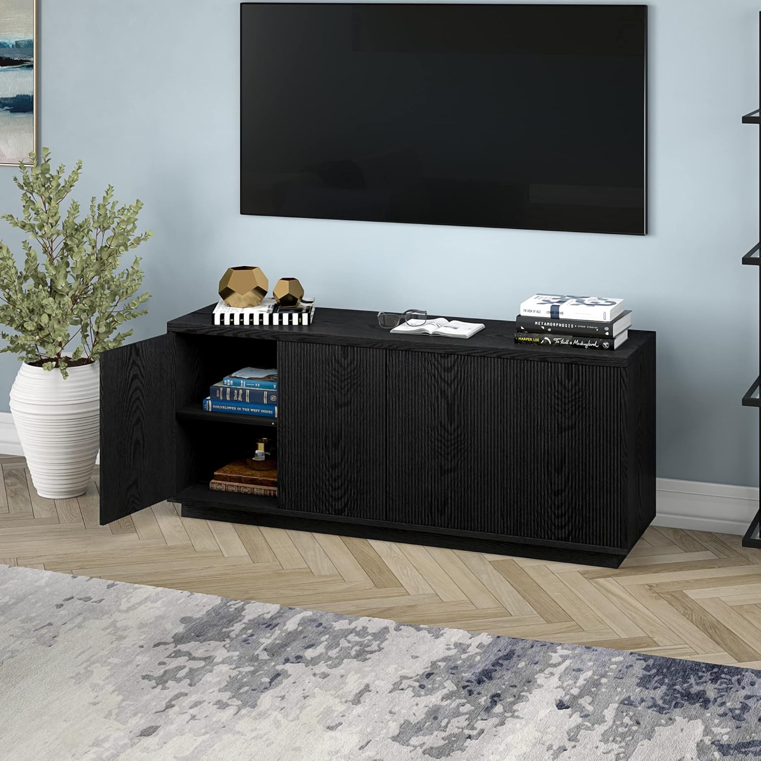 Henn&Hart Hanson 57 Inch Wide Black TV Stand - Image 6